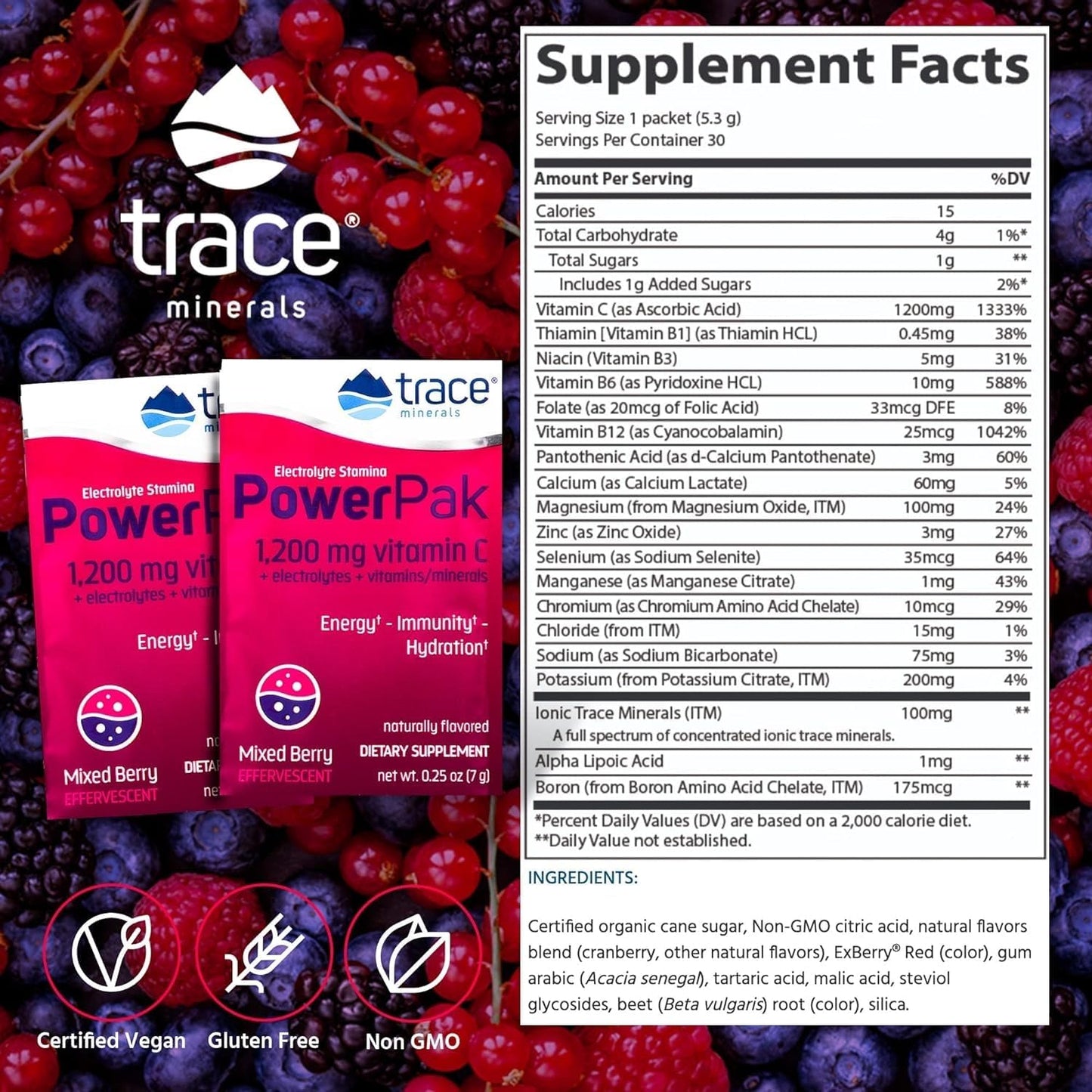 Mixed Berry Electrolyte Powder Packets with Trace Minerals - Boost Immunity & Hydration - 1200 mg Vitamin C, Zinc, Magnesium - 30 Packets