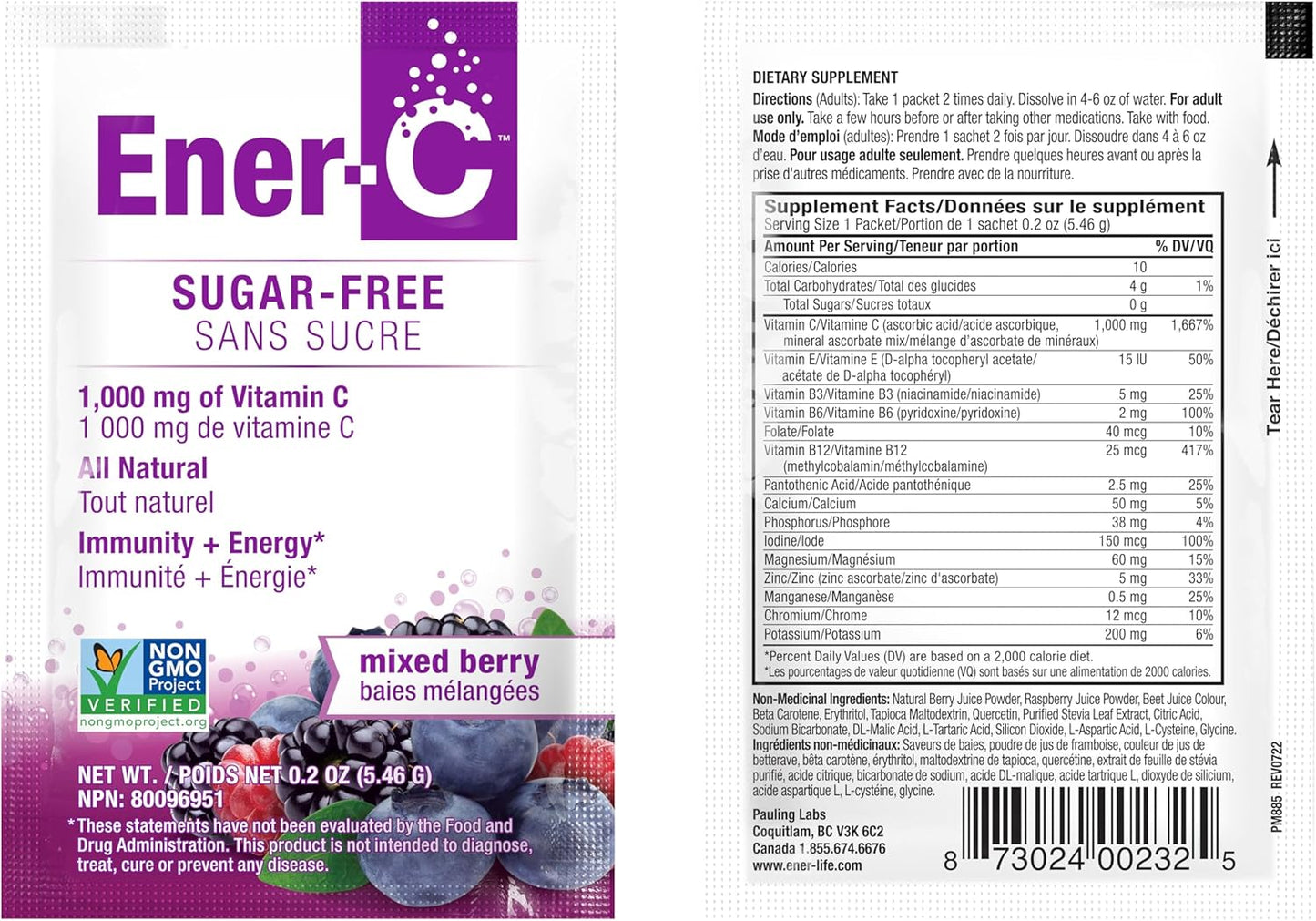 Mixed Berry Ener-C Sugar-Free Energy Drink Mix with 1000mg Vitamin C & Electrolytes for Immunity Support - Vegan & Gluten-Free - 30 Pack