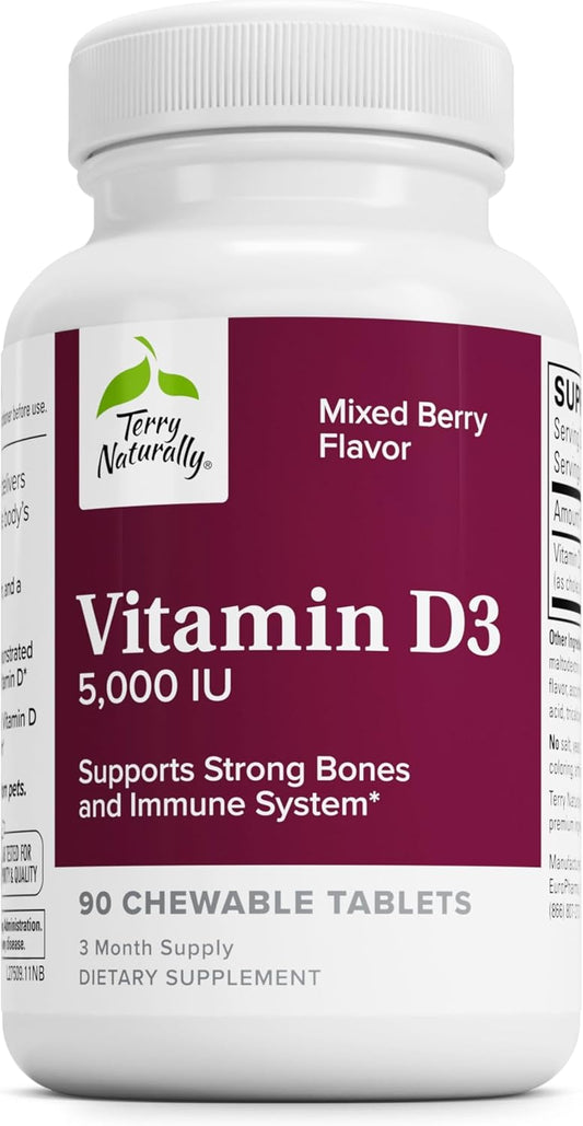 Mixed Berry Flavored Chewable Vitamin D3 Tablets - 5,000 IU Bone Health & Immune System Support - 90 Count Bottle for Brain & Bone Strength