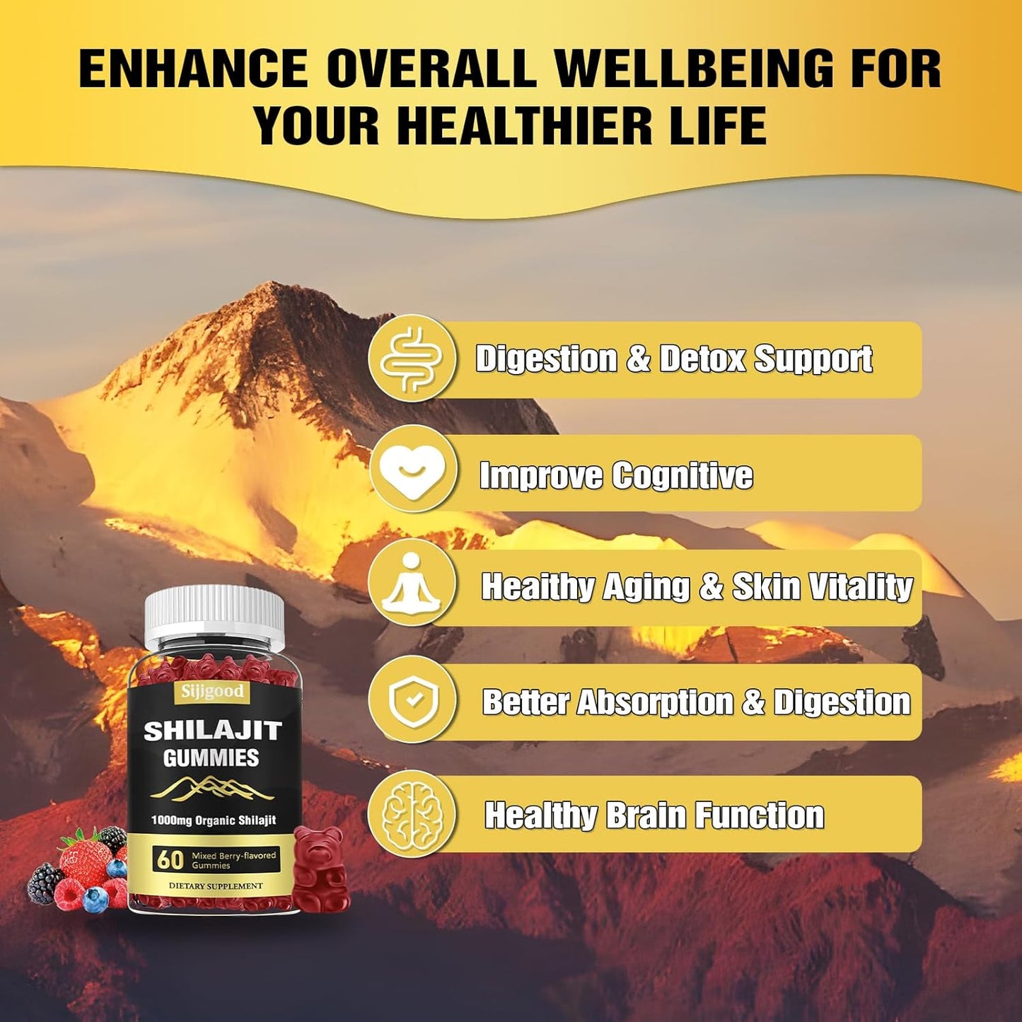 Mixed Berry Flavored Sijigood Shilajit Gummies - 60 Gummies with 85+ Trace Minerals for Men & Women