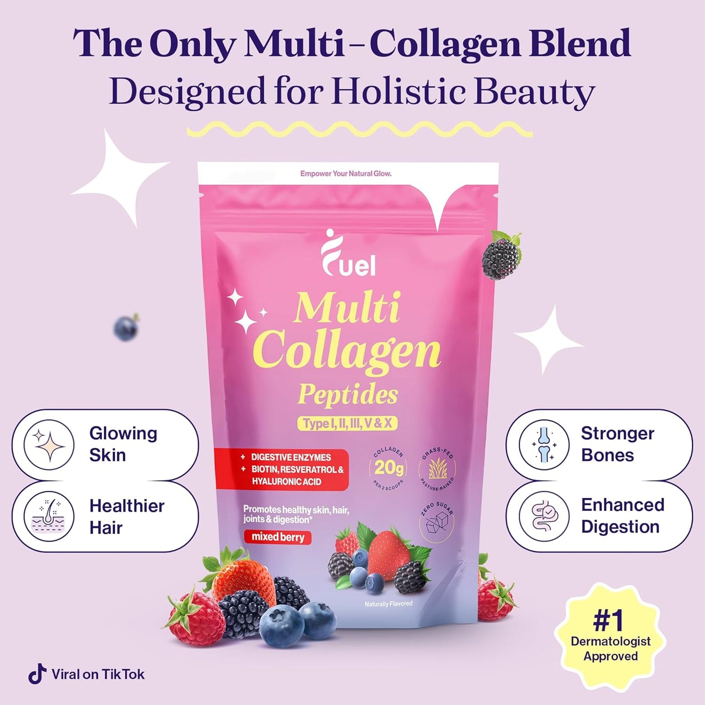 Mixed Berry & French Vanilla Collagen Drink for Women - Fuel Collagen Peptides Powder with Hyaluronic Acid, Vitamin C, Tremella, Biotin - Supports Skin, Hair, and Nails