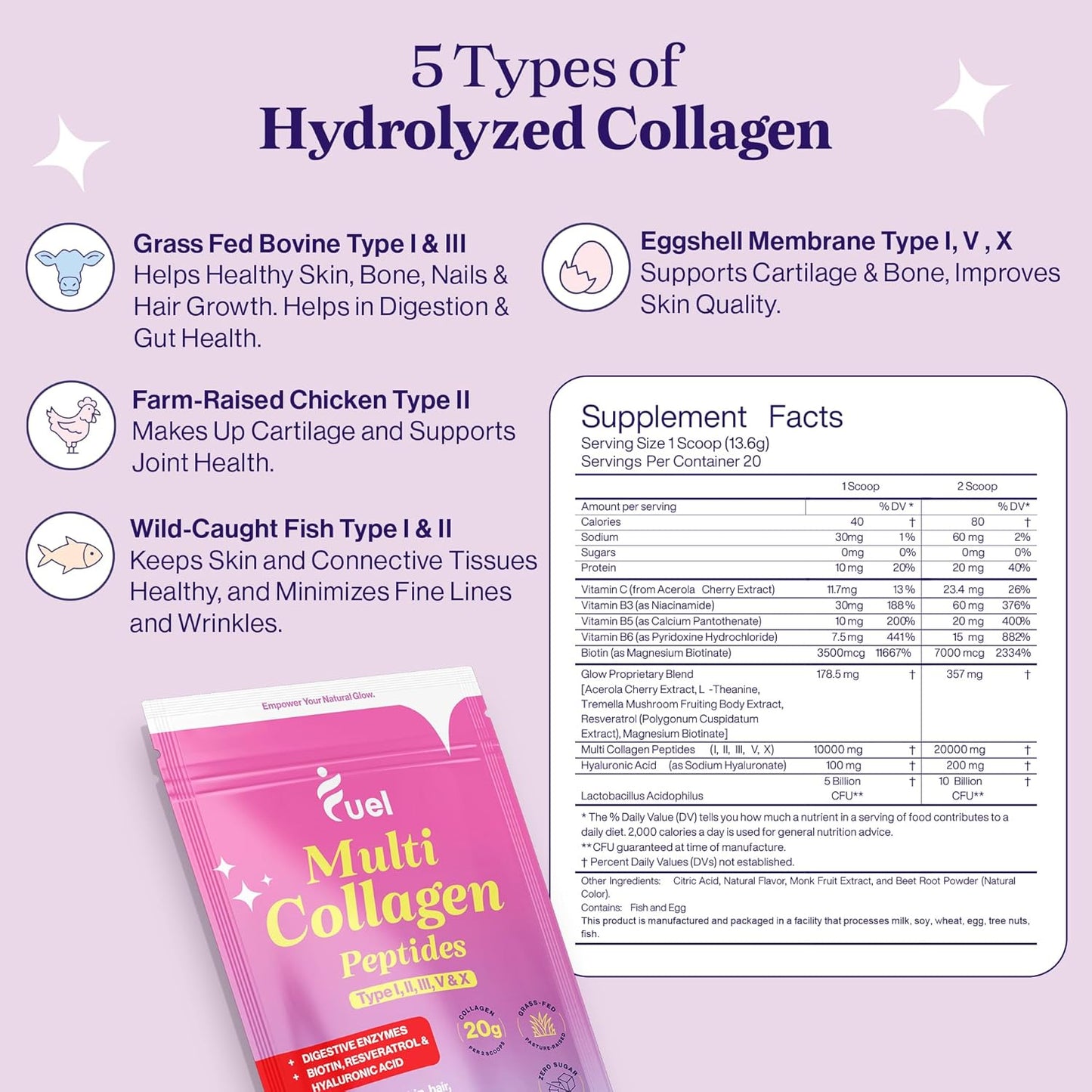 Mixed Berry & French Vanilla Collagen Drink for Women - Fuel Collagen Peptides Powder with Hyaluronic Acid, Vitamin C, Tremella, Biotin - Supports Skin, Hair, and Nails