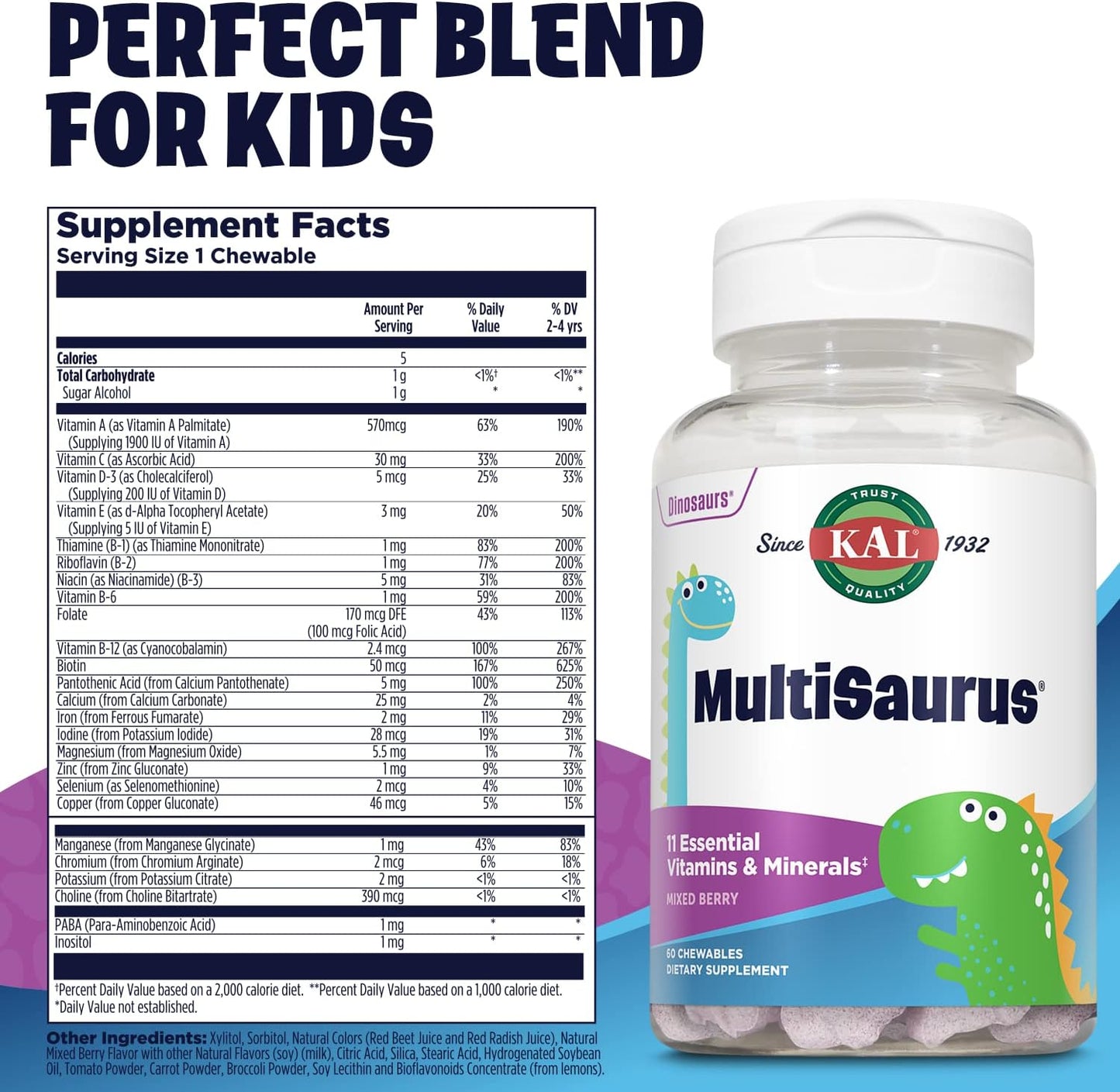 Mixed Berry KAL MultiSaurus Kids Chewable Multivitamins - 60 Dinosaur-Shaped Chewables with 11 Essential Vitamins and Minerals for Children, Gluten & Preservative Free