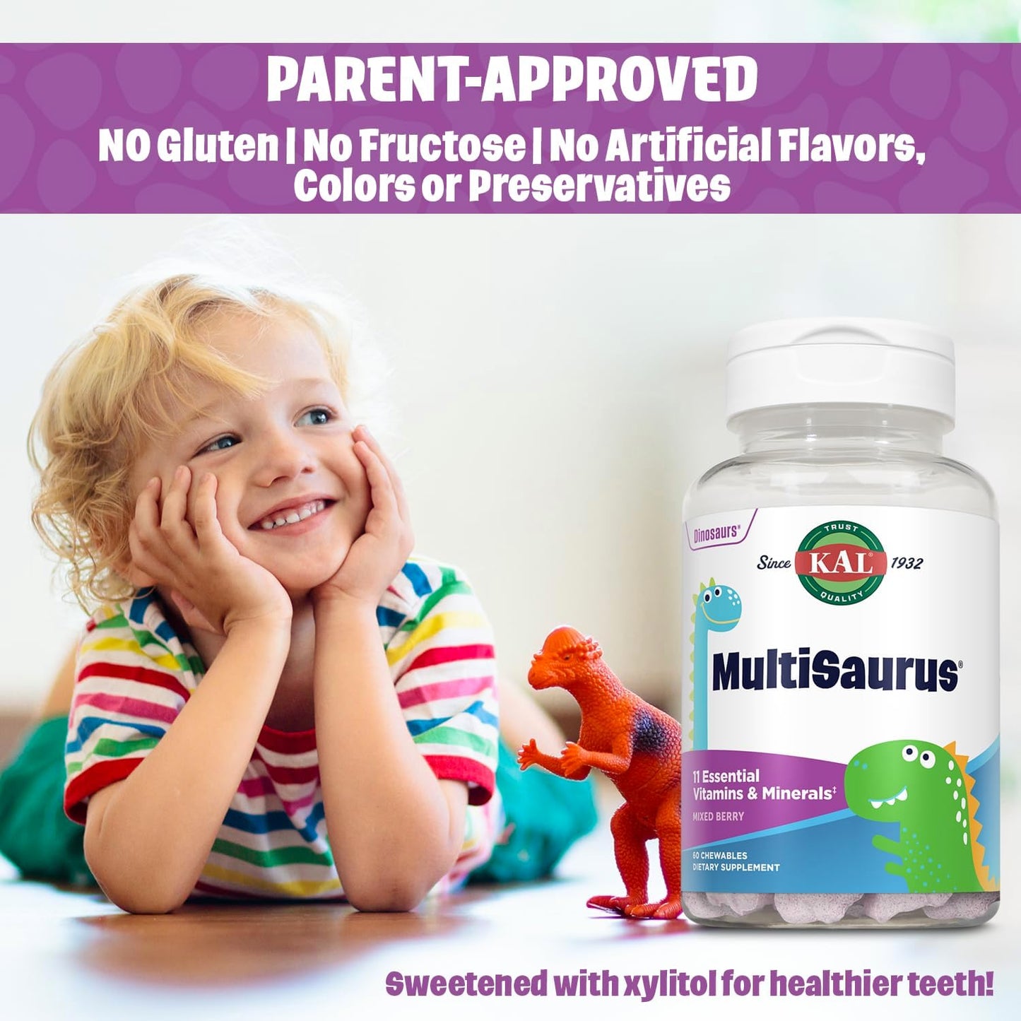 Mixed Berry KAL MultiSaurus Kids Chewable Multivitamins - 60 Dinosaur-Shaped Chewables with 11 Essential Vitamins and Minerals for Children, Gluten & Preservative Free