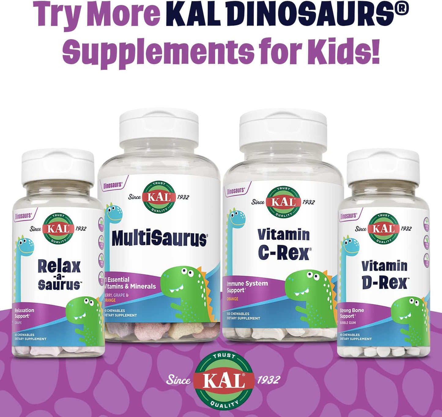 Mixed Berry KAL MultiSaurus Kids Chewable Multivitamins - 60 Dinosaur-Shaped Chewables with 11 Essential Vitamins and Minerals for Children, Gluten & Preservative Free