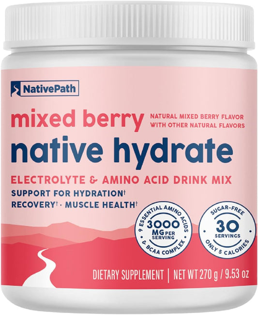 Mixed Berry NativePath Native Hydrate Powder - Zero Sugar Electrolytes & BCAAs, Keto & Paleo Friendly - 30 Servings