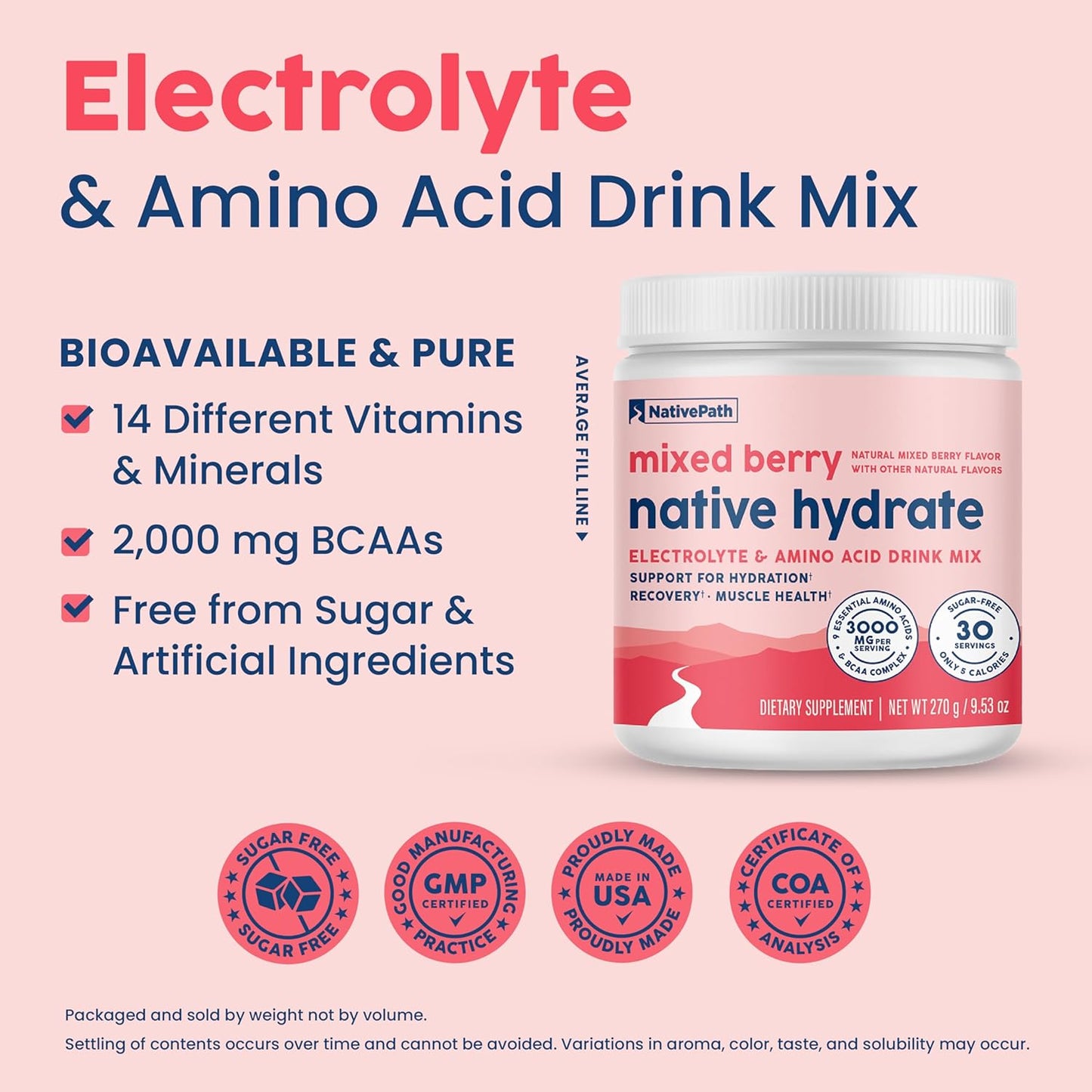 Mixed Berry NativePath Native Hydrate Powder - Zero Sugar Electrolytes & BCAAs, Keto & Paleo Friendly - 30 Servings