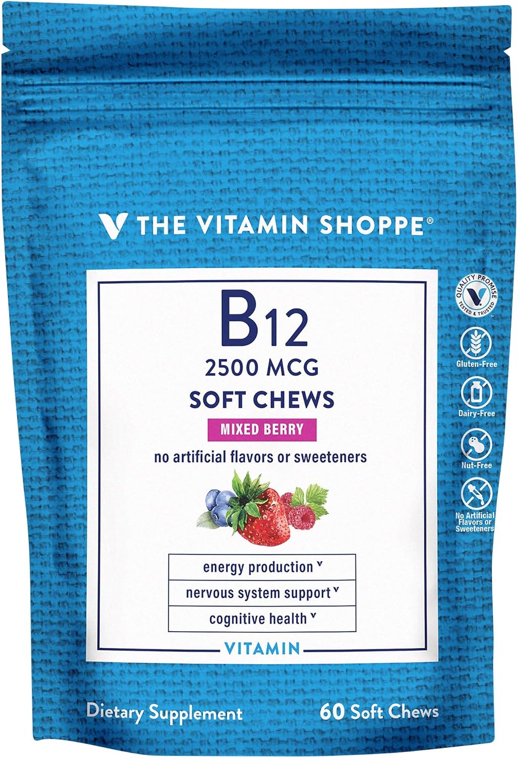 Mixed Berry Vitamin B12 Soft Chews - Boosts Energy & Brain Health - 60 Chews