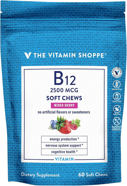 Mixed Berry Vitamin B12 Soft Chews - Boosts Energy & Brain Health - 60 Chews