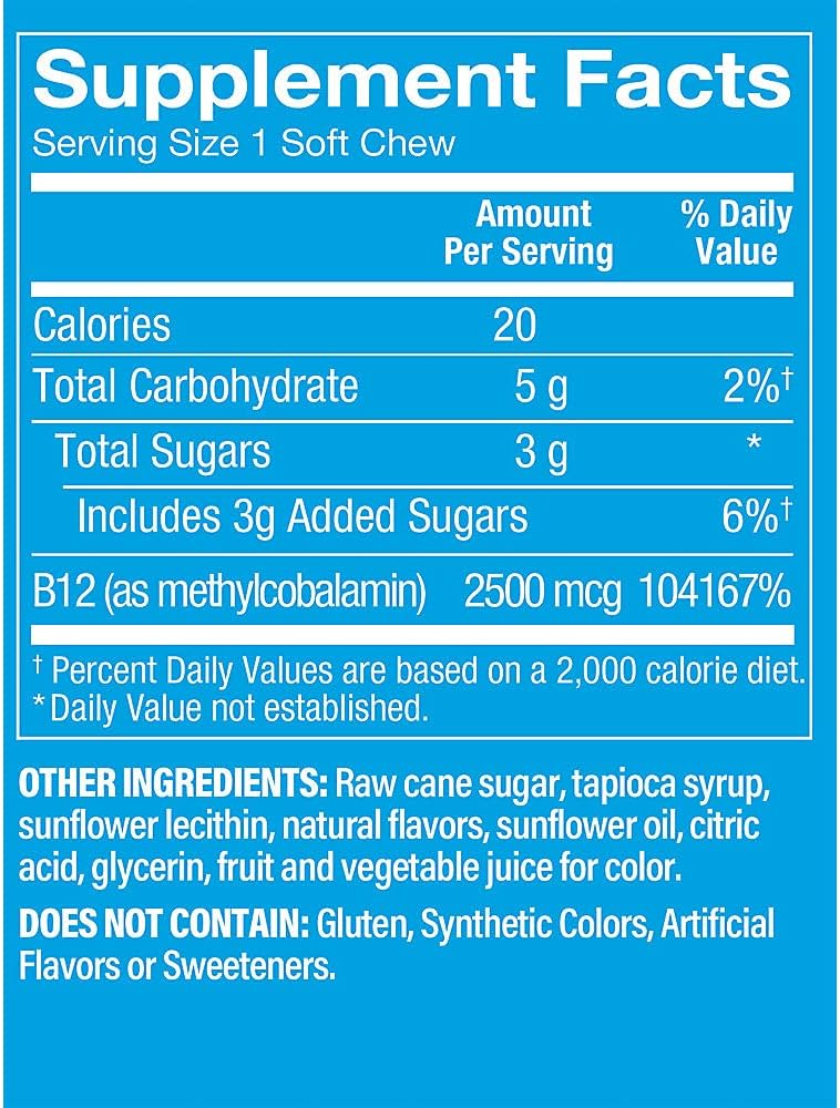 Mixed Berry Vitamin B12 Soft Chews - Boosts Energy & Brain Health - 60 Chews