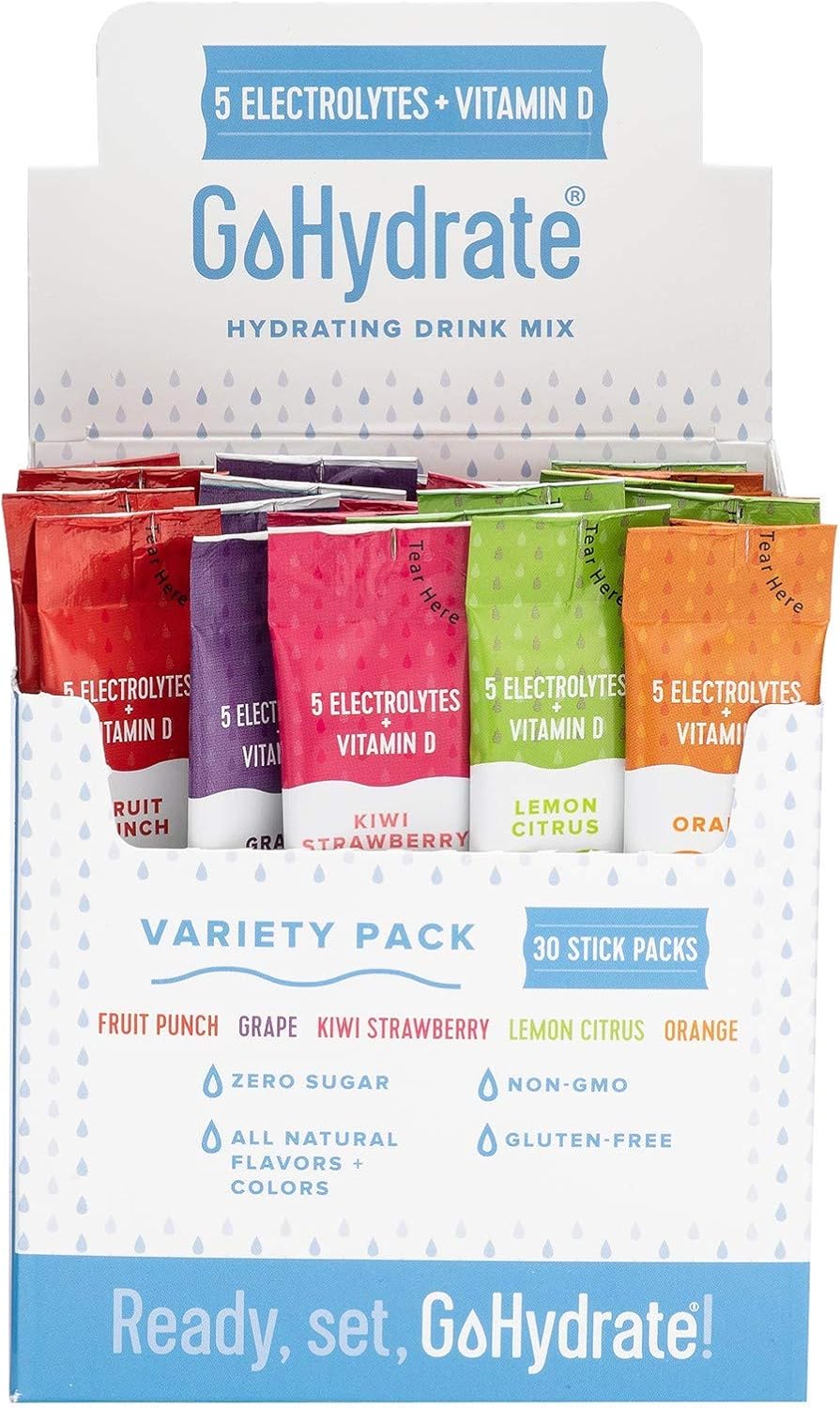 Mixed30 and Grape GoHydrate Electrolyte Hydration Drink Mix with Vitamin D - Non GMO Powder Pack