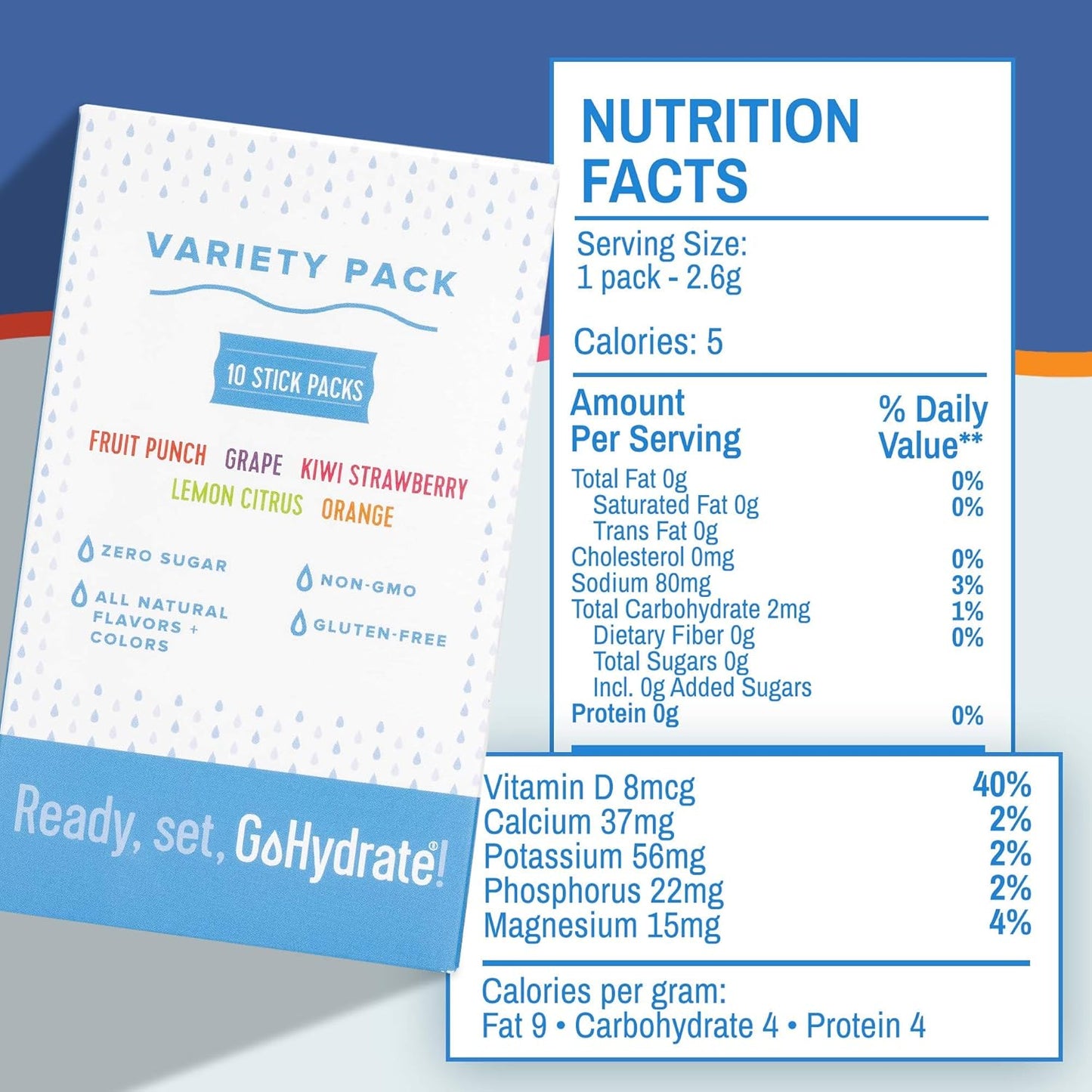 Mixed30 and Grape GoHydrate Electrolyte Hydration Drink Mix with Vitamin D - Non GMO Powder Pack