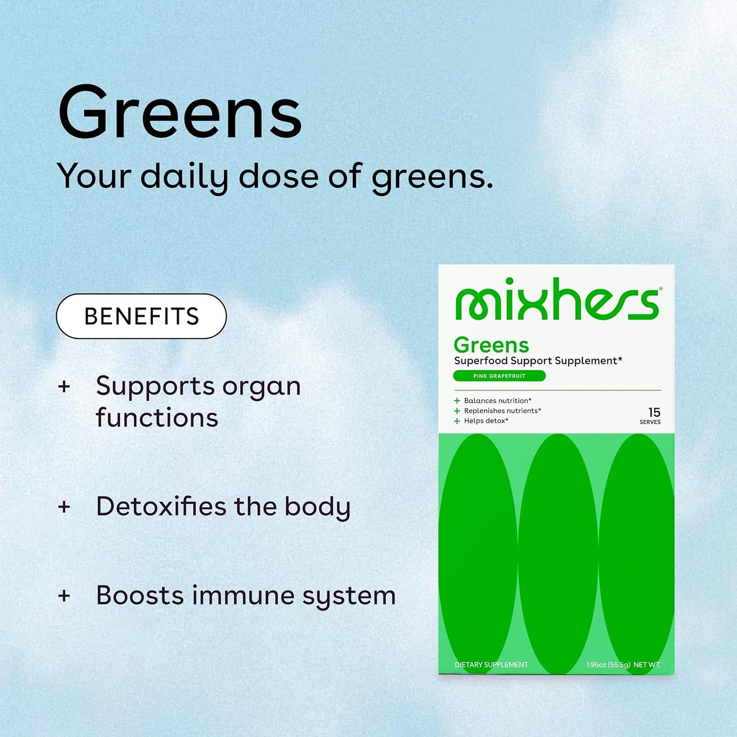 MIXHERS Hergreens: Women's Greens & Veggie Powder with Digestive Enzymes, Kale, & Whole Foods for Heart & Liver Support - 15 Packets