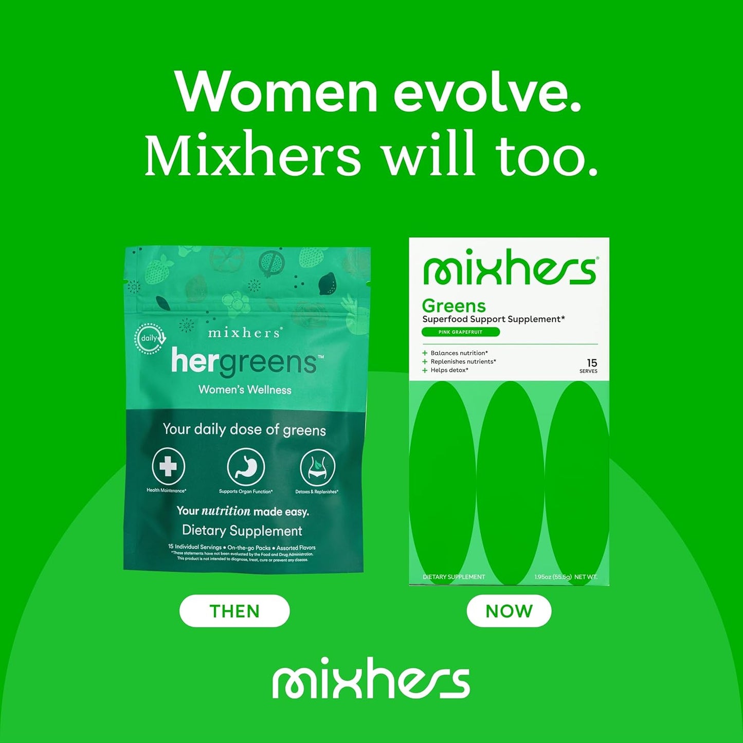 MIXHERS Hergreens: Women's Greens & Veggie Powder with Digestive Enzymes, Kale, & Whole Foods for Heart & Liver Support - 15 Packets