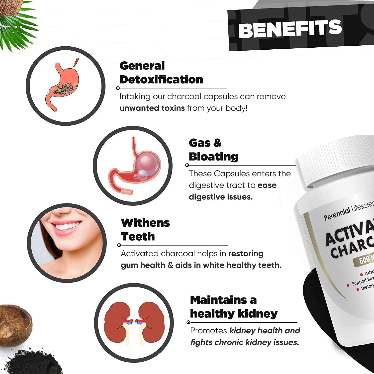 MIYUU Perennial Lifesciences Activated Charcoal Tablets - 500Mg, Pack of 60