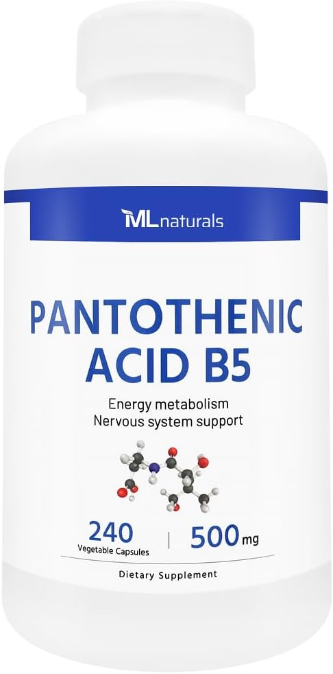 ML Naturals Pantothenic Acid B5 Capsules - 240 Count. Supports Energy Metabolism and Nervous System.