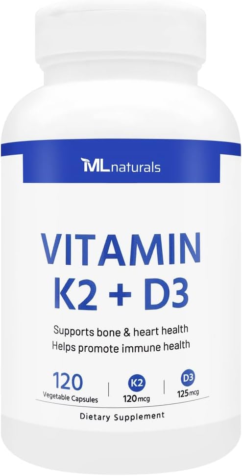 ML Naturals Vitamin K2 D3 Supplement for Bone Health - 120 Vegetarian Capsules