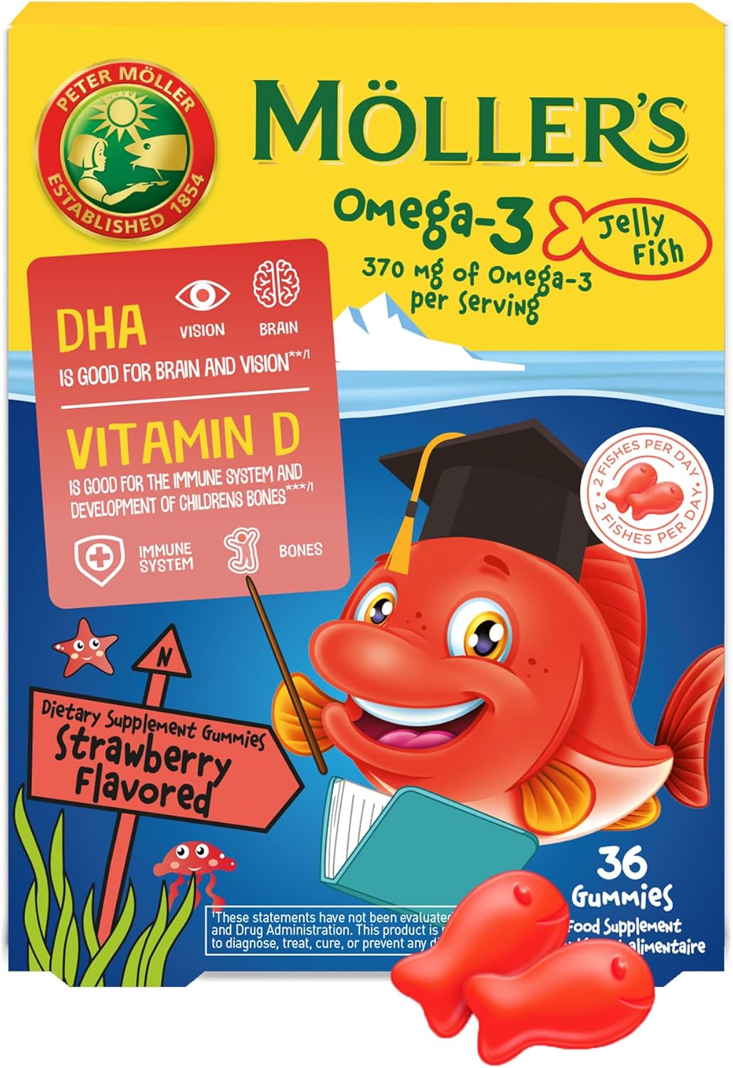 MÖLLER'S Omega 3 Fish Oil Capsules for Kids with DHA and EPA, Strawberry Flavor, 36ct - Gluten-Free and Easy to Chew
