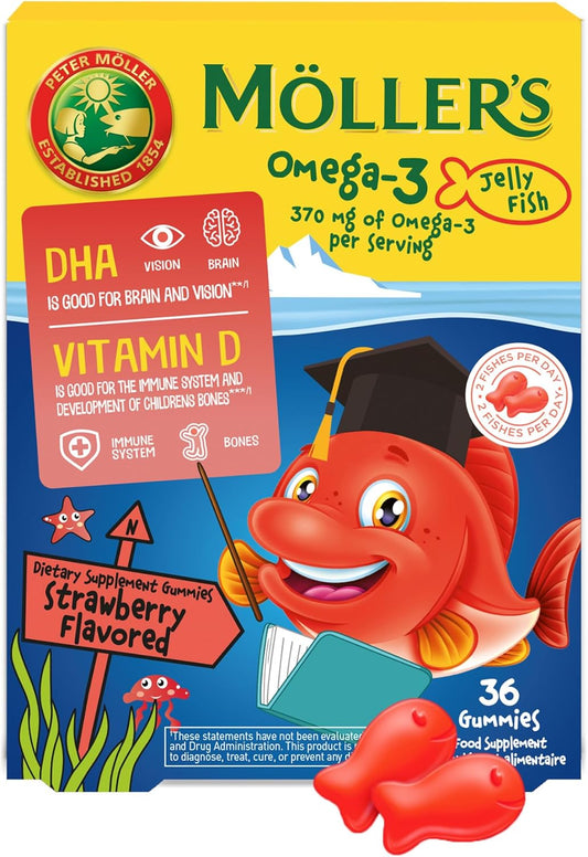 MÖLLER'S Omega 3 Fish Oil Capsules for Kids with DHA and EPA, Strawberry Flavor, 36ct - Gluten-Free and Easy to Chew