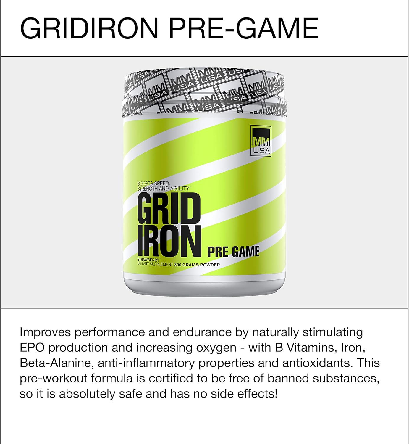 MMUSA Gridiron Pre-Game Diet Supplement Powder - Strawberry Flavor, 800g (2 Pack)