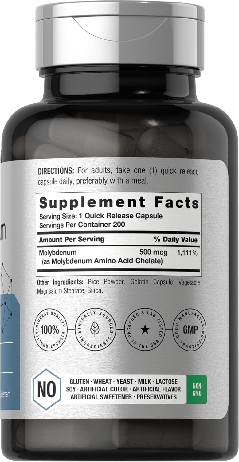 Molybdenum Supplement 500mcg | 200 Capsules | Amino Acid Chelate | Non-GMO, Gluten Free by Horbäach