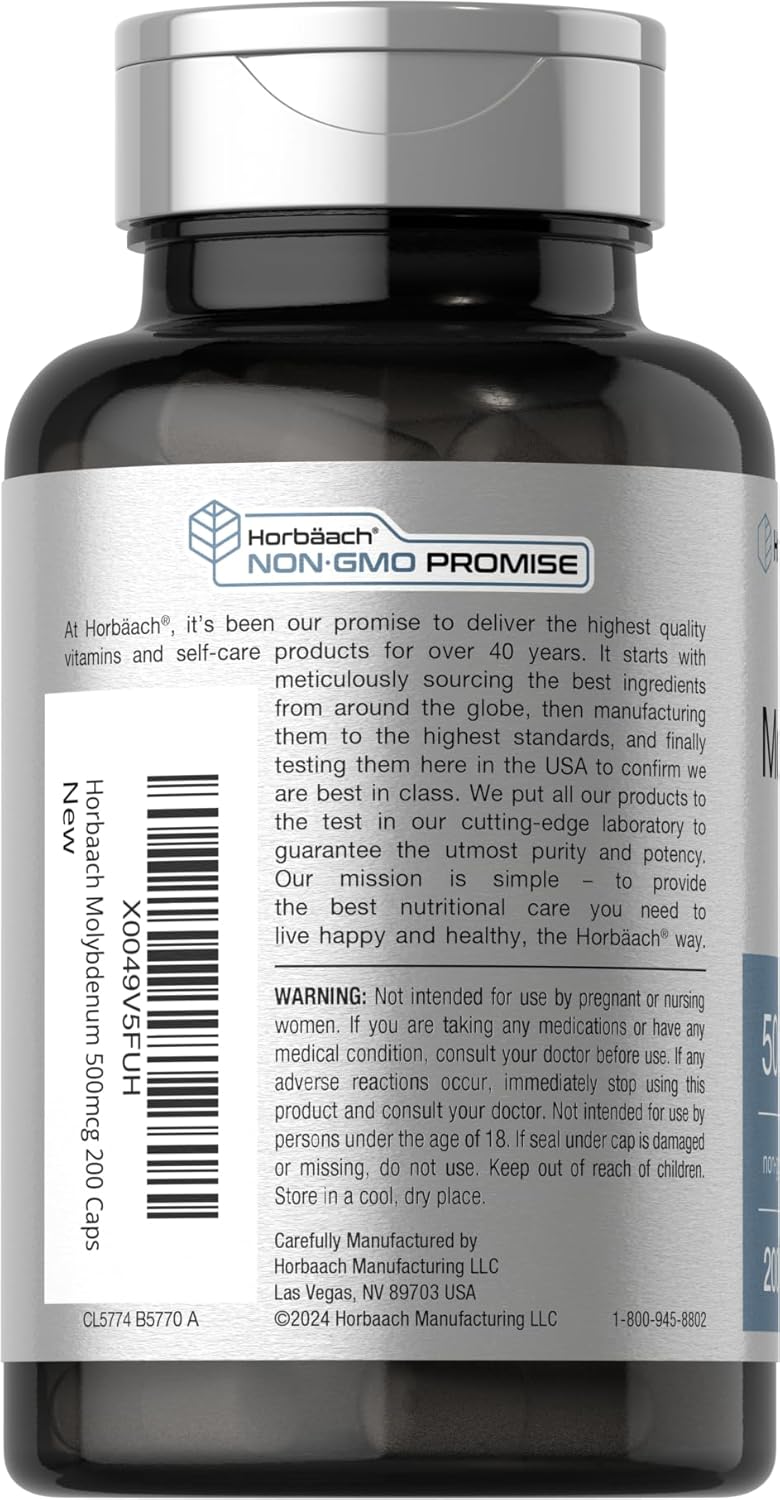 Molybdenum Supplement 500mcg | 200 Capsules | Amino Acid Chelate | Non-GMO, Gluten Free by Horbäach