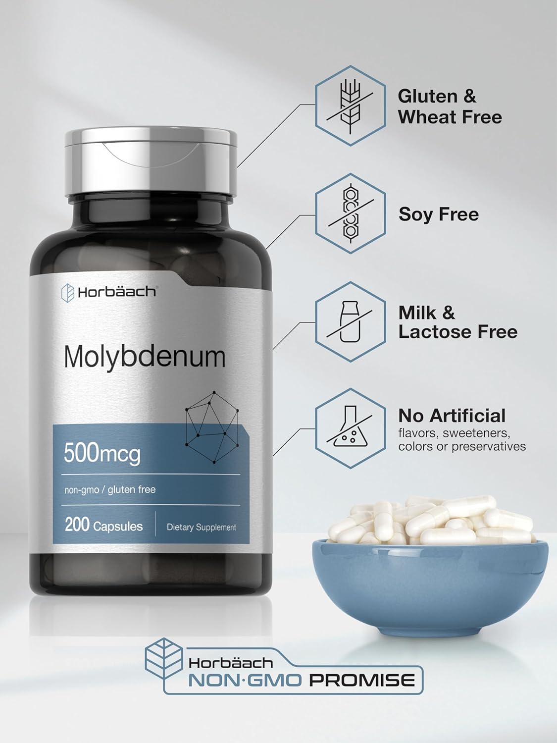 Molybdenum Supplement 500mcg | 200 Capsules | Amino Acid Chelate | Non-GMO, Gluten Free by Horbäach
