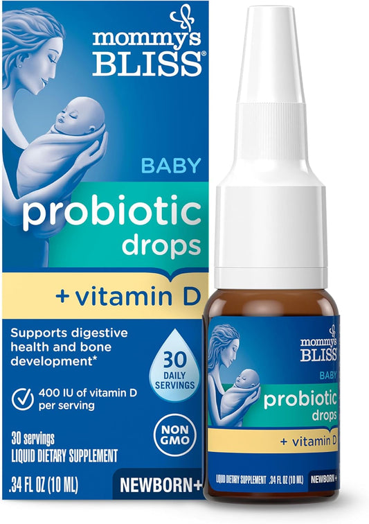Mommy's Bliss Baby Probiotic Drops with Vitamin D - Supports Digestive Health & Immunity - 400IU Vitamin D for Healthy Bone Development - Flavorless - 0.34 Fl Oz