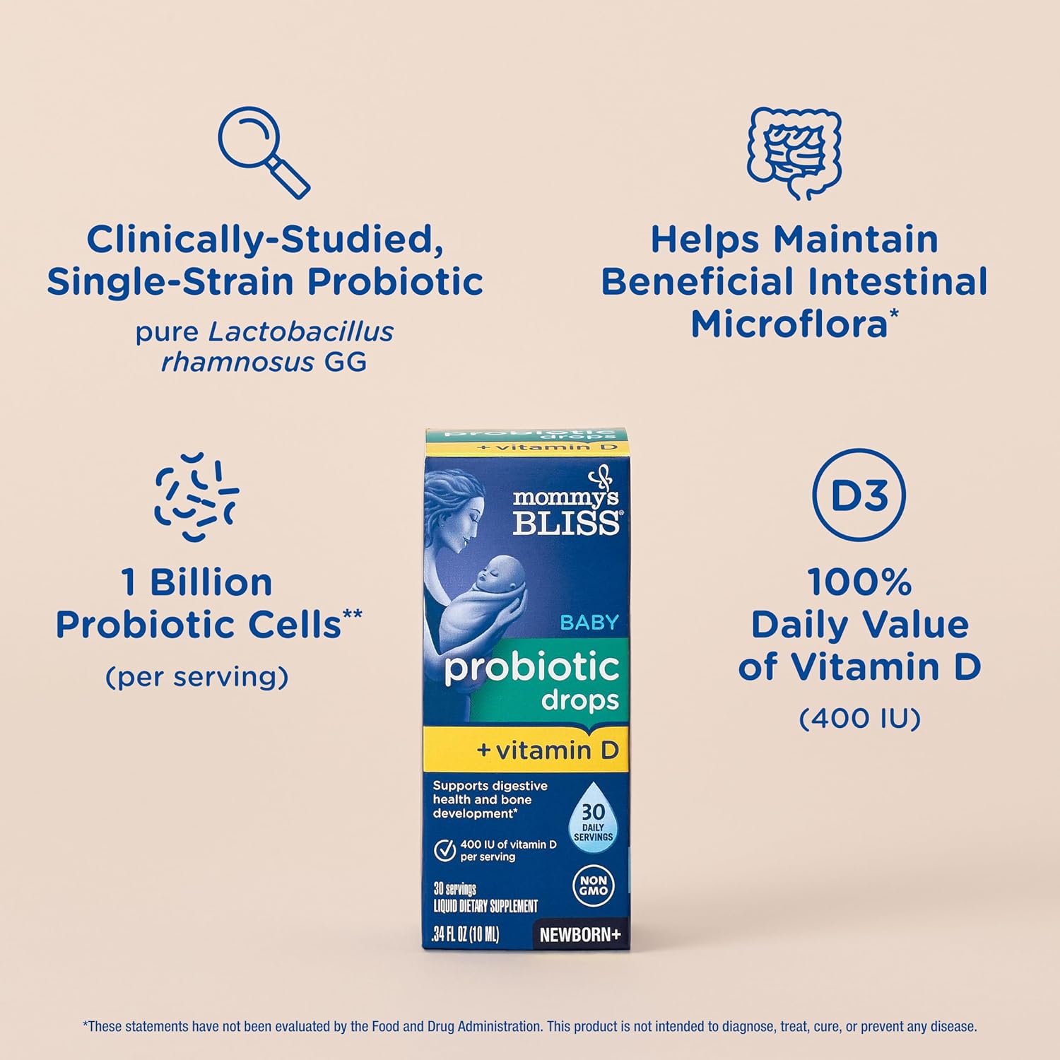 Mommy's Bliss Baby Probiotic Drops with Vitamin D - Supports Digestive Health & Immunity - 400IU Vitamin D for Healthy Bone Development - Flavorless - 0.34 Fl Oz