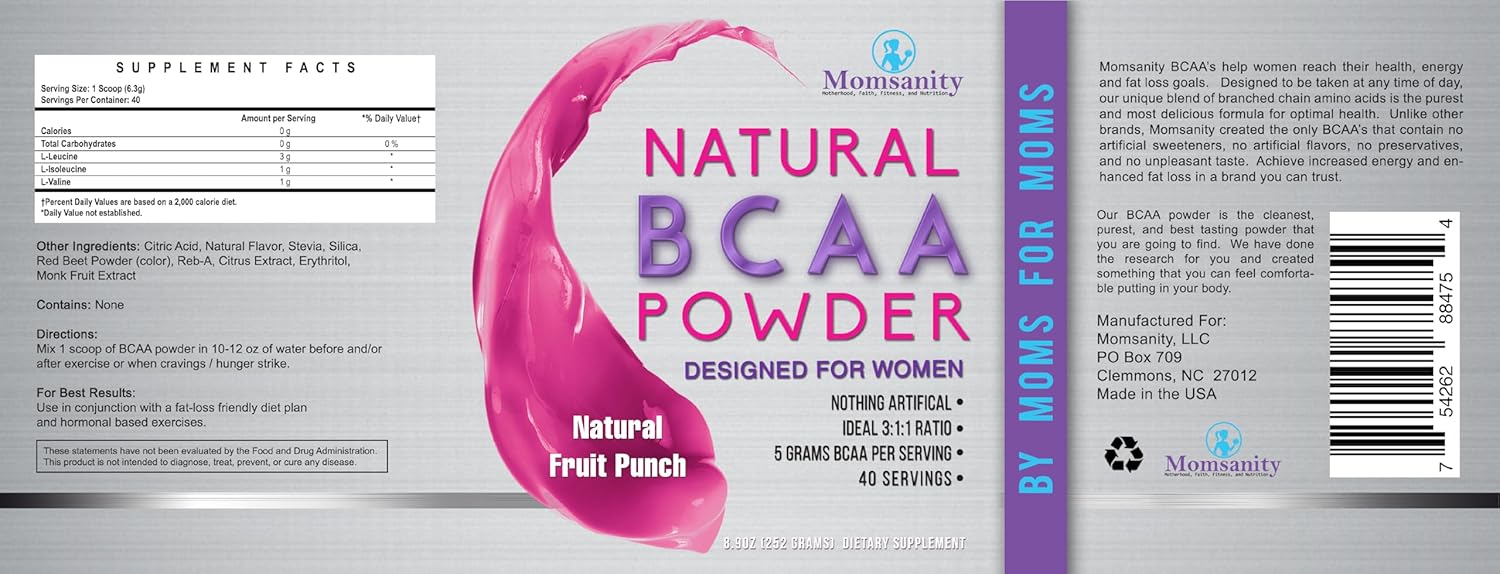 Momsanity BCAA Powder Preworkout for Women - Sweetened with Stevia, Erythritol & Monk Fruit + Recipe Guide | 40 Servings