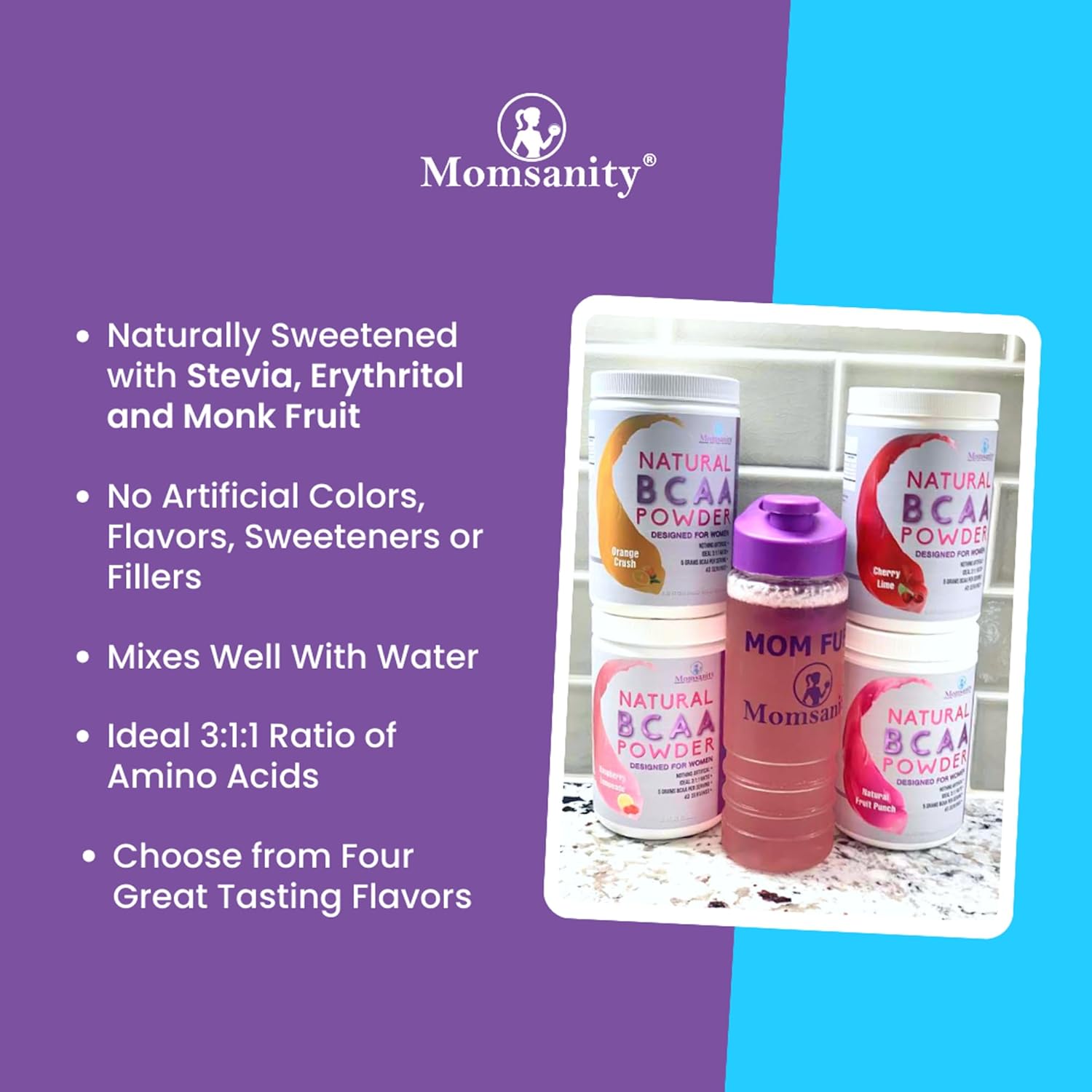 Momsanity BCAA Powder Preworkout for Women - Sweetened with Stevia, Erythritol & Monk Fruit + Recipe Guide | 40 Servings
