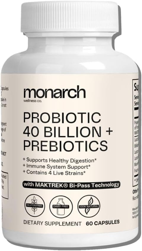Monarch Wellness Co. Probiotic with Prebiotics: 40 Billion CFU, 4 Strains - Digestive & Gut Health (60 Capsules) - Natural Probiotics for Women & Men - Immune Support & Digestive Aid Supplement