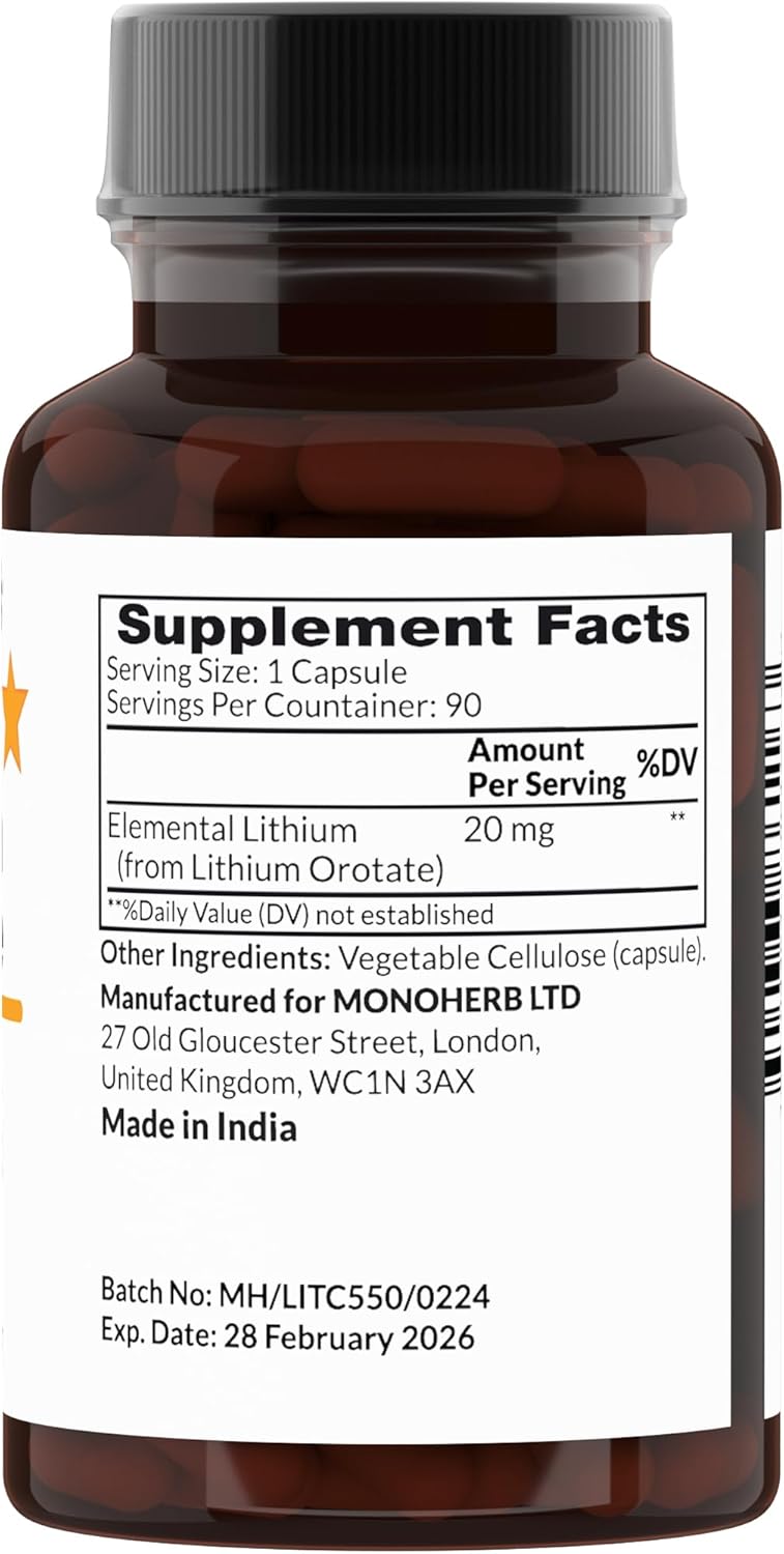 MONOHERB Lithium Orotate Capsules - 20mg Elemental Lithium - 90 Vegetarian Capsules