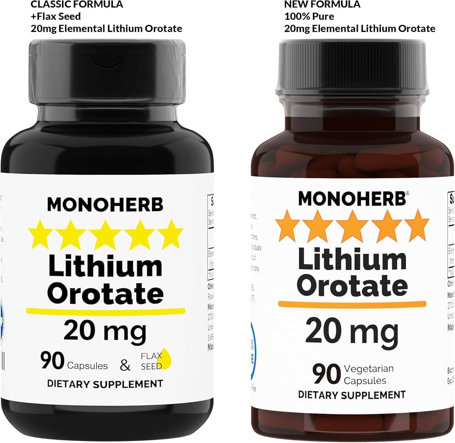 MONOHERB Lithium Orotate Capsules - 20mg Elemental Lithium - 90 Vegetarian Capsules