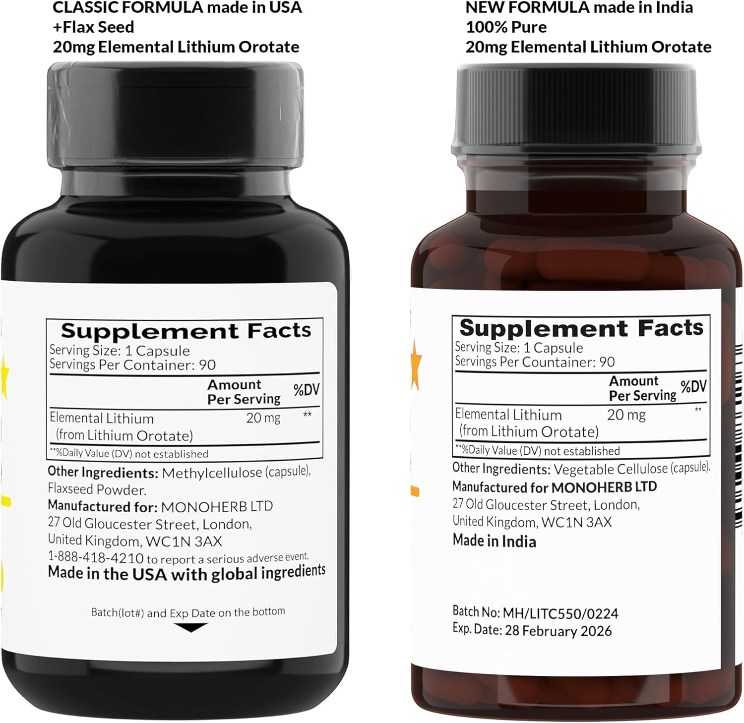 MONOHERB Lithium Orotate Capsules - 20mg Elemental Lithium - 90 Vegetarian Capsules