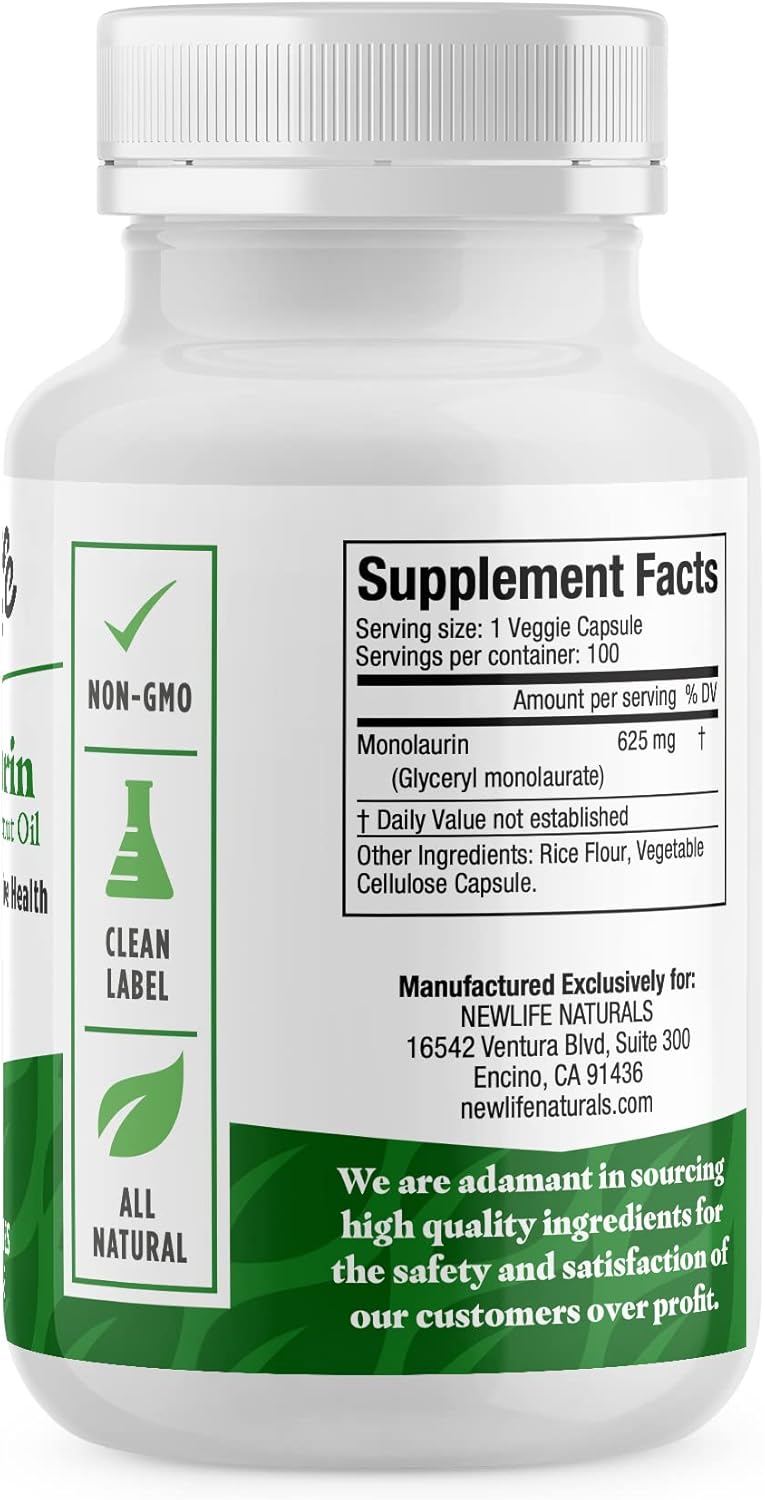Monolaraurin Dietary Supplement - 625mg Monolaurin & Lauric Acid for Immune & Digestive Health - 100 Capsules