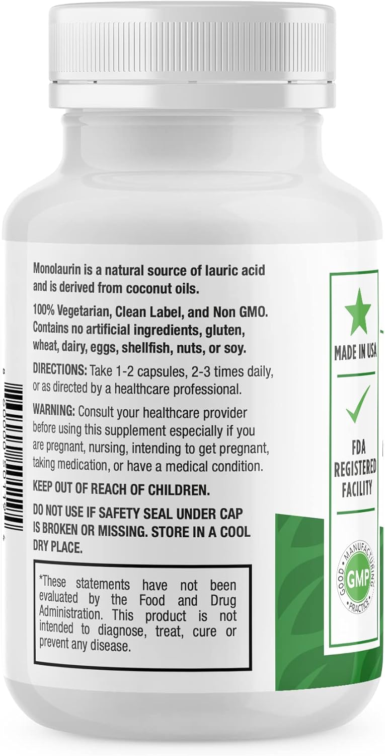 Monolaraurin Dietary Supplement - 625mg Monolaurin & Lauric Acid for Immune & Digestive Health - 100 Capsules