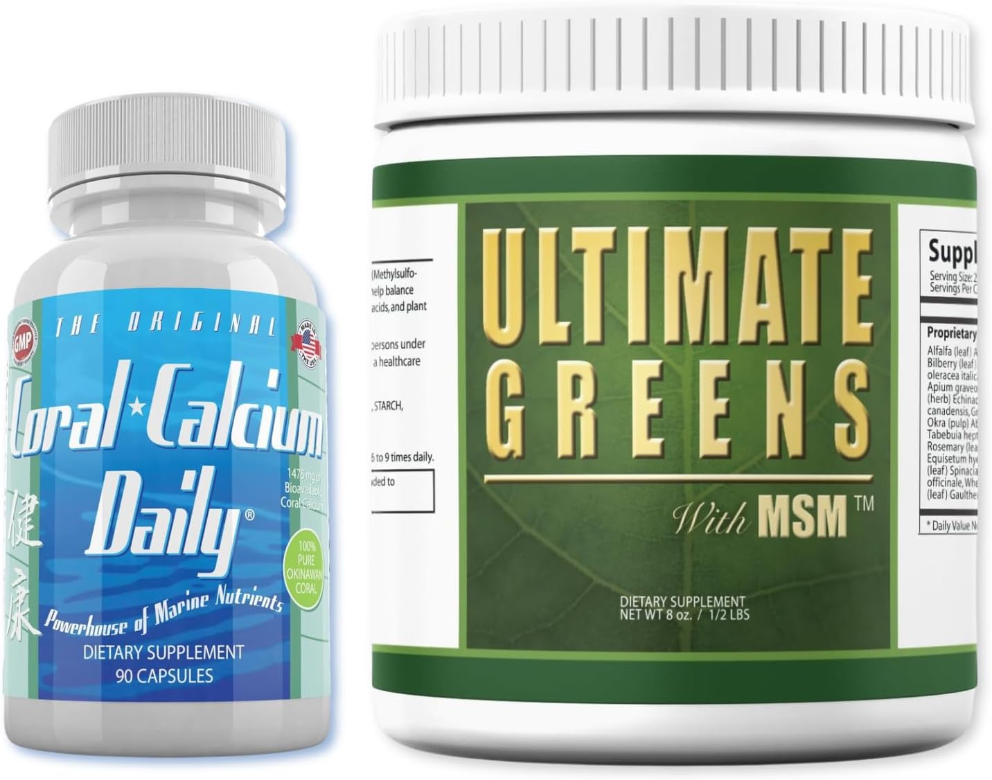 Monthly Supply of Daily Health Coral Calcium and Ultimate Daily Greens with MSM Powder for Overall Health Boost