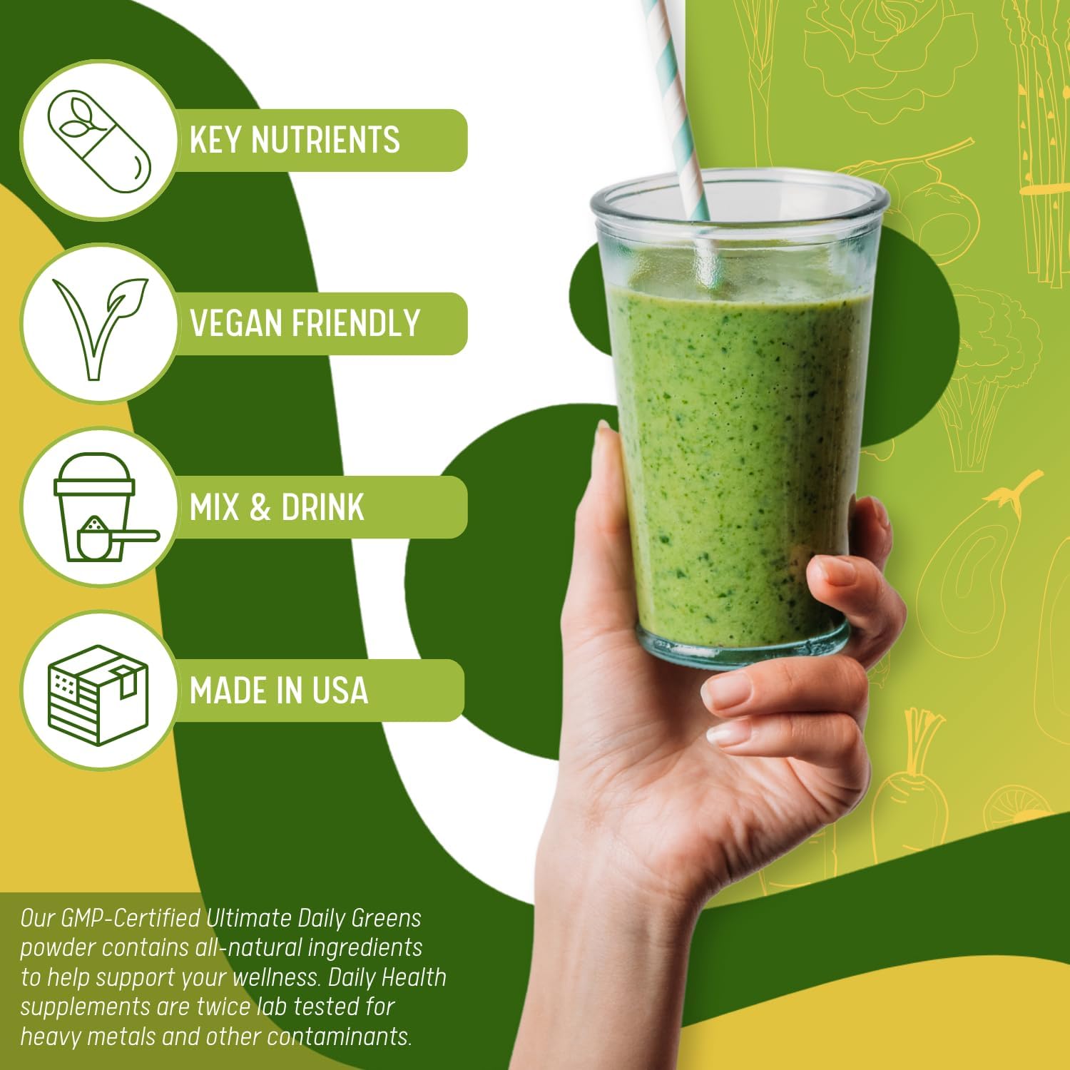 Monthly Supply of Daily Health Coral Calcium and Ultimate Daily Greens with MSM Powder for Overall Health Boost