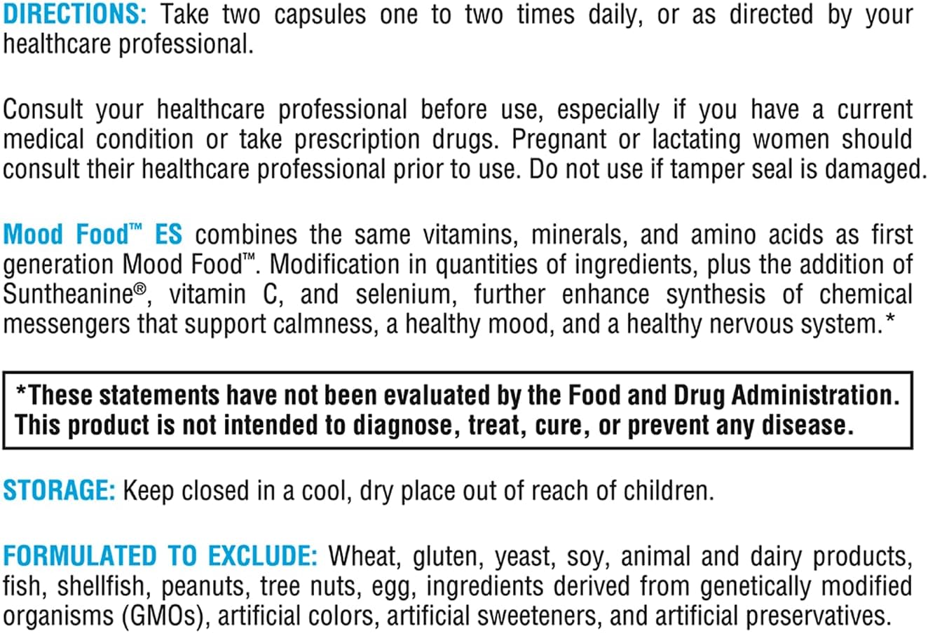 Mood Food ES Supplement - Promotes Relaxation, Healthy Mood, and Calmness with Active Folate, B Vitamins, 5-HTP, GABA, Minerals, and Suntheanine L-Theanine (120 Capsules)