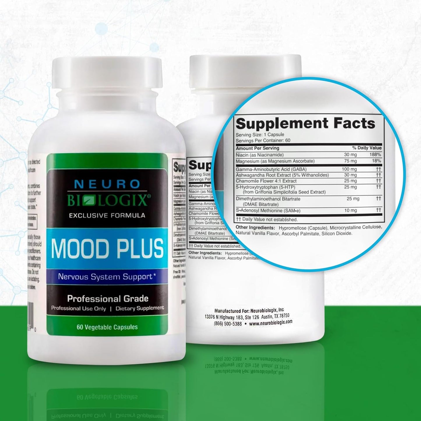 Mood Plus Complete Supplement - Stress Relief, Brain Support, Serotonin Regulation - 5 HTP, Niacin, GABA, Ashwagandha - 60 Caps