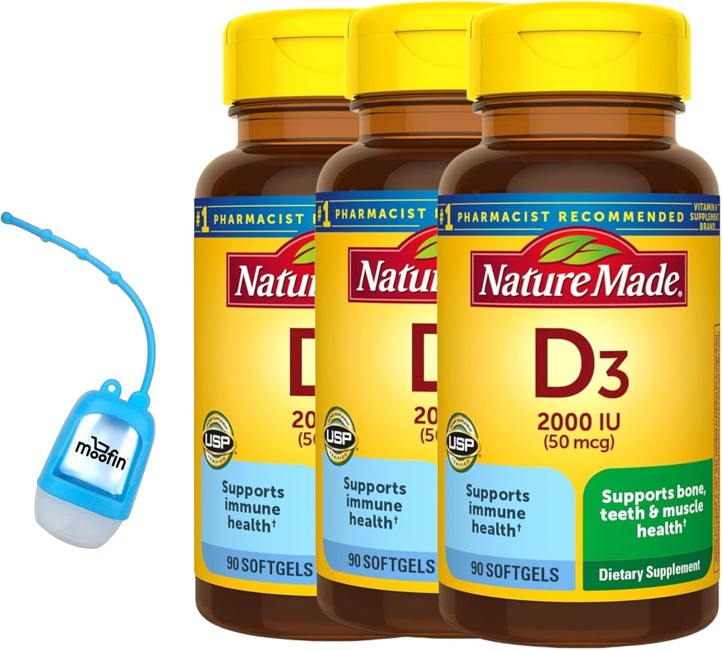 moofin Nature Made Vitamin D3 2000 IU Softgels Bundle with Hand Sanitizer Dispenser - 90 Count Pack of 3 - Immune & Bone Health