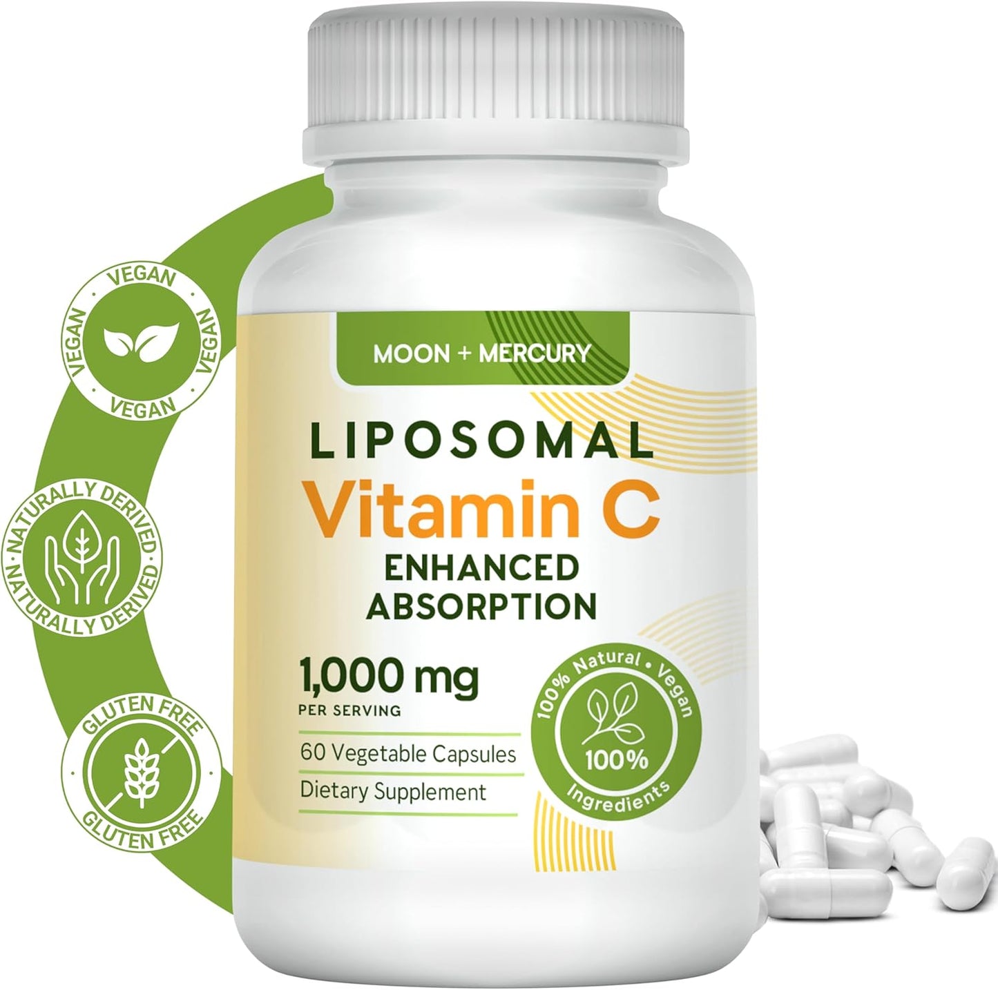 Moon and Mercury Liposomal Vitamin C Capsules - 1000mg, 60 Count - High Absorption and Bioavailability