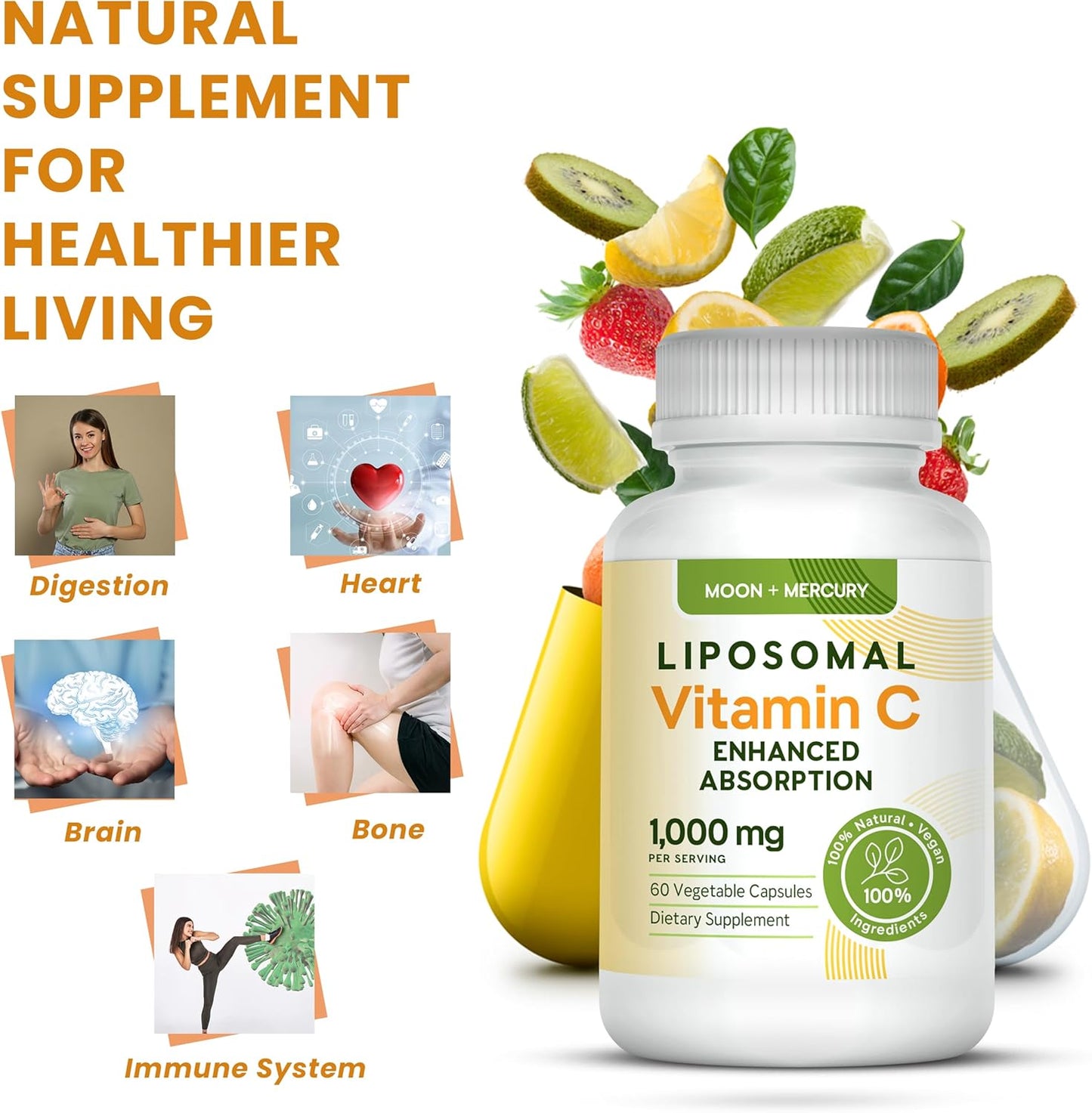 Moon and Mercury Liposomal Vitamin C Capsules - 1000mg, 60 Count - High Absorption and Bioavailability