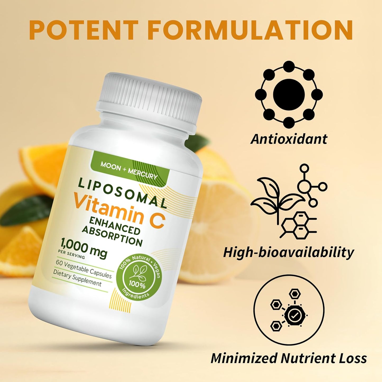 Moon and Mercury Liposomal Vitamin C Capsules - 1000mg, 60 Count - High Absorption and Bioavailability