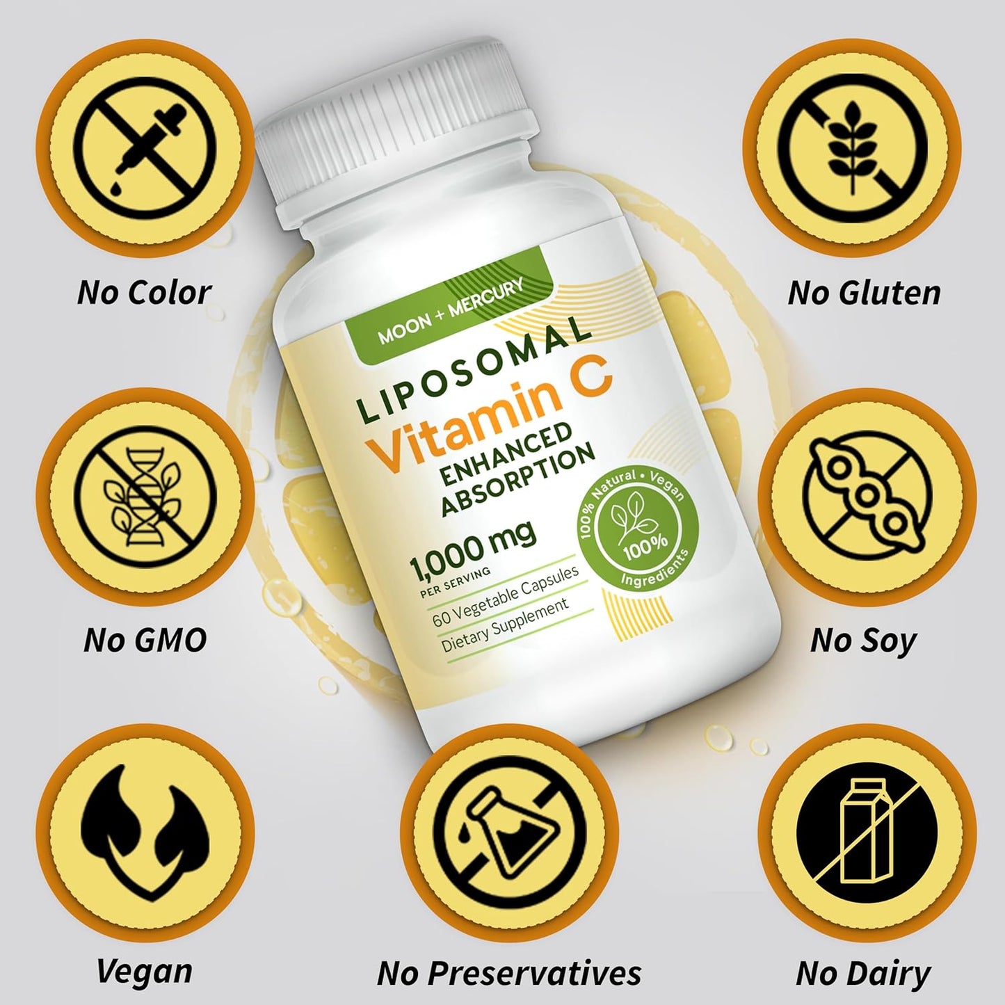 Moon and Mercury Liposomal Vitamin C Capsules - 1000mg, 60 Count - High Absorption and Bioavailability