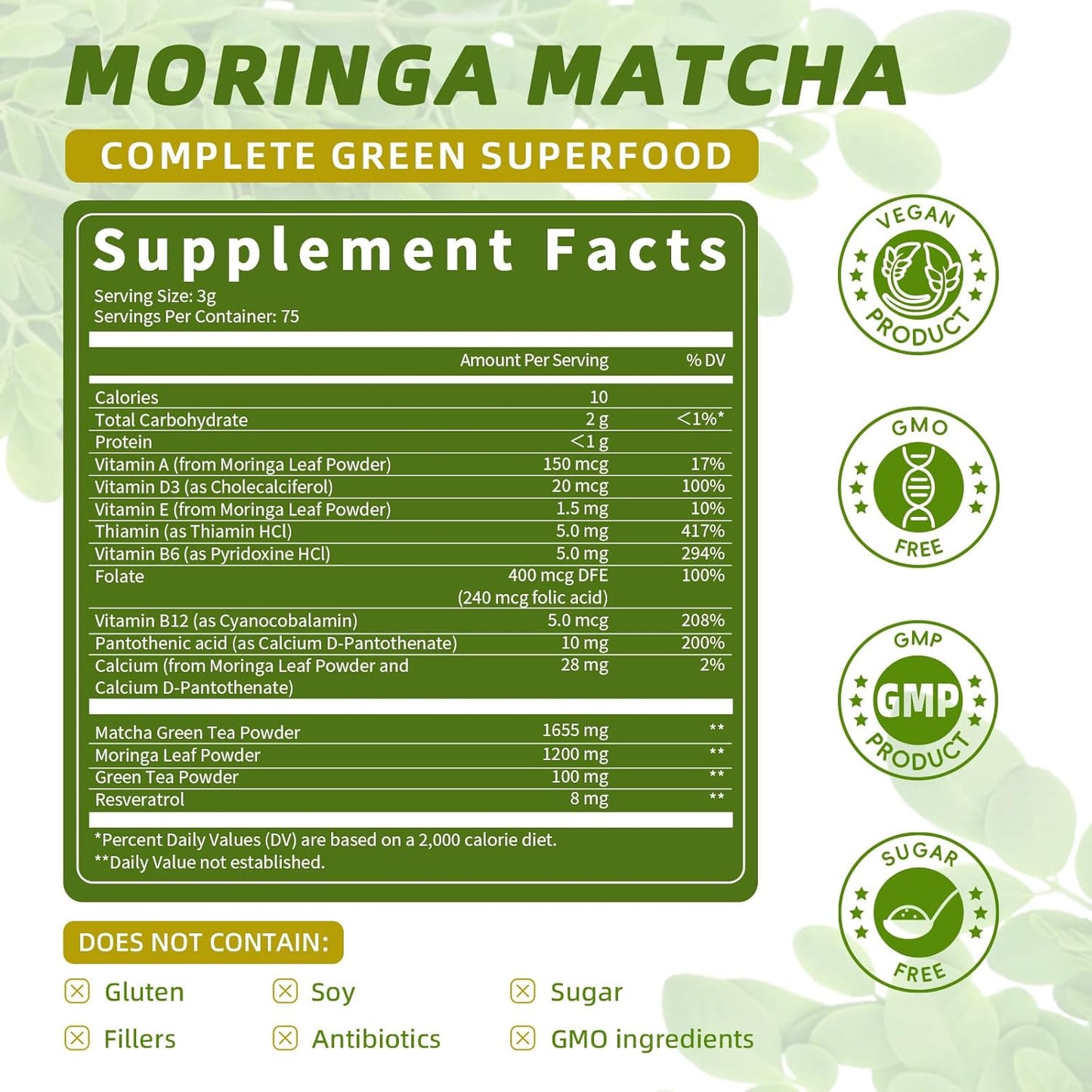 Moringa Superfood Powder Blend with Matcha, Green Tea & Resveratrol for Energy & Immune Support - Vegan & Gluten Free - 8oz