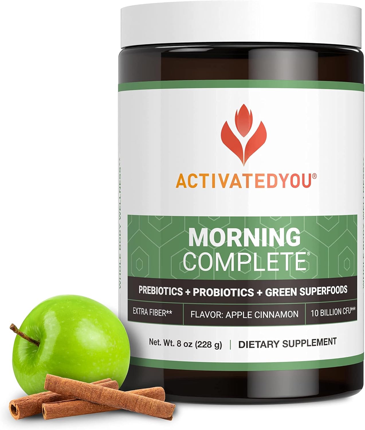 Morning Complete Prebiotics, Probiotics, Green Superfoods with Apple Cinnamon Flavor - Includes Essential Skin Food Collagen and Elastin Support - 30 Servings