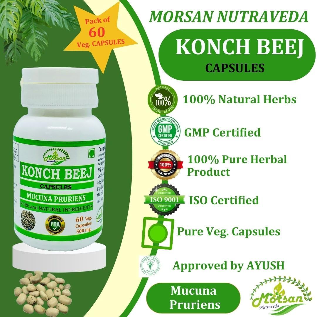 Morsan Nutraveda Kaunch Mucuna Pruriens Extract Capsules - 100% Herbal, High Potency, 60 Capsules x 500mg - Pack of 1 Jar