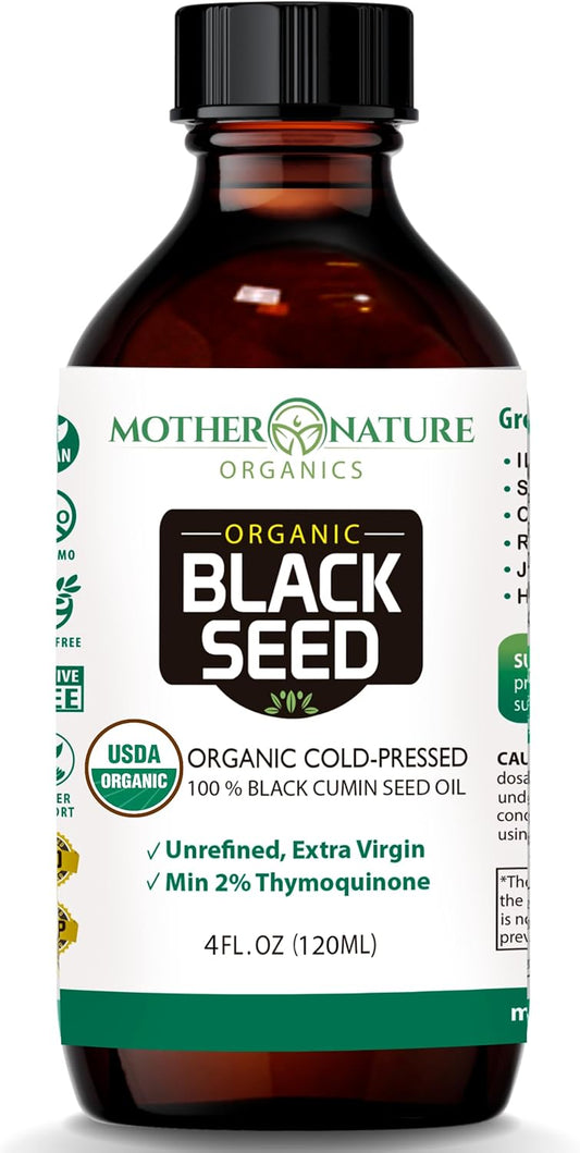Mother Nature Organic Black Seed Oil - Cold Pressed, Unrefined, 100% Pure Turkish Cumin Seed Oil - 4oz Glass Bottle - Superfood for Digestion, Joints, Hair & Skin